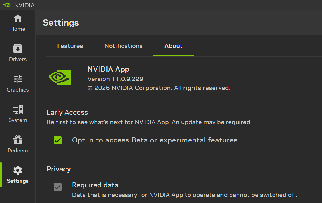 Official NVIDIA App screenshot showing the Early Access opt-in path for new features.