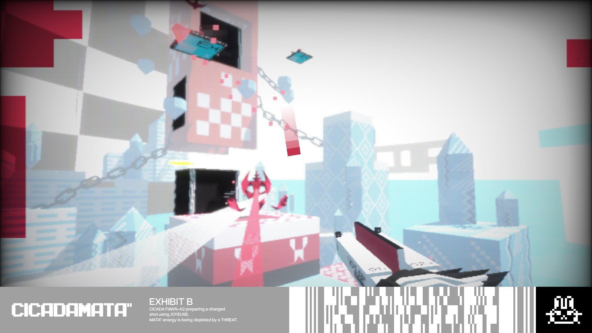 Official CICADAMATA screenshot showing combat and traversal in a minimalist, high-contrast environment.