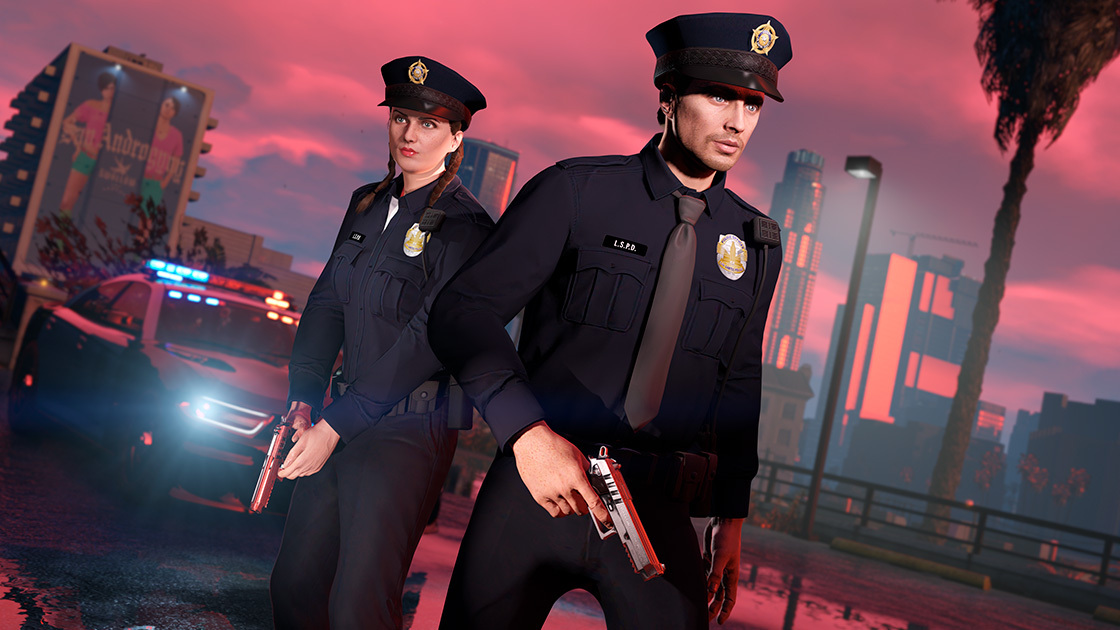 Official GTA Online Neighborhood Watch promotional image showing police vehicles in action during the event.