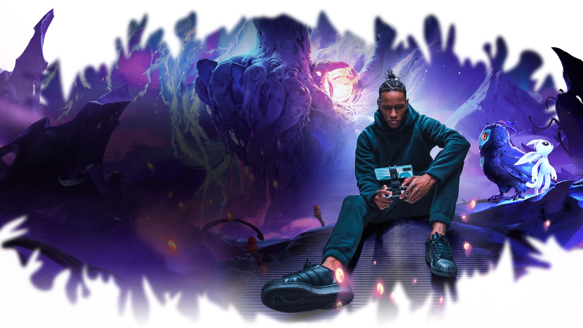 Official Xbox Cloud Gaming image showing a player using a phone and controller outdoors.