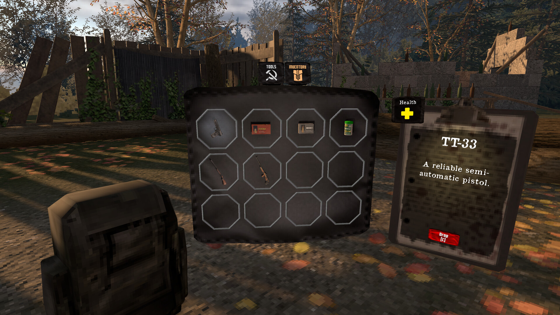 Official Iron Blight screenshot showing the inventory screen with weapons, ammunition, and healing items laid out in a grid.