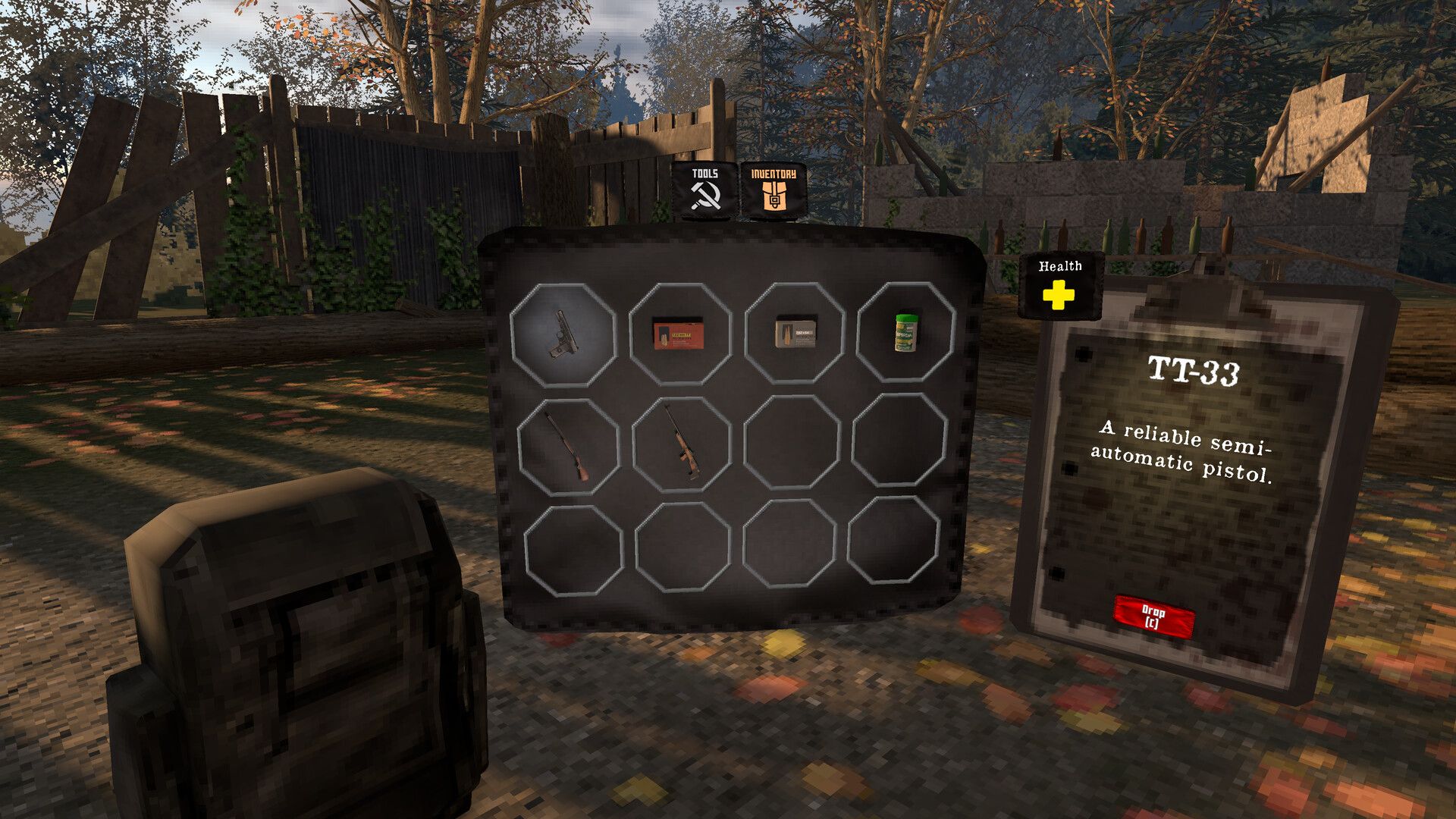Official Iron Blight screenshot showing the inventory screen with weapons, ammunition, and healing items laid out in a grid.
