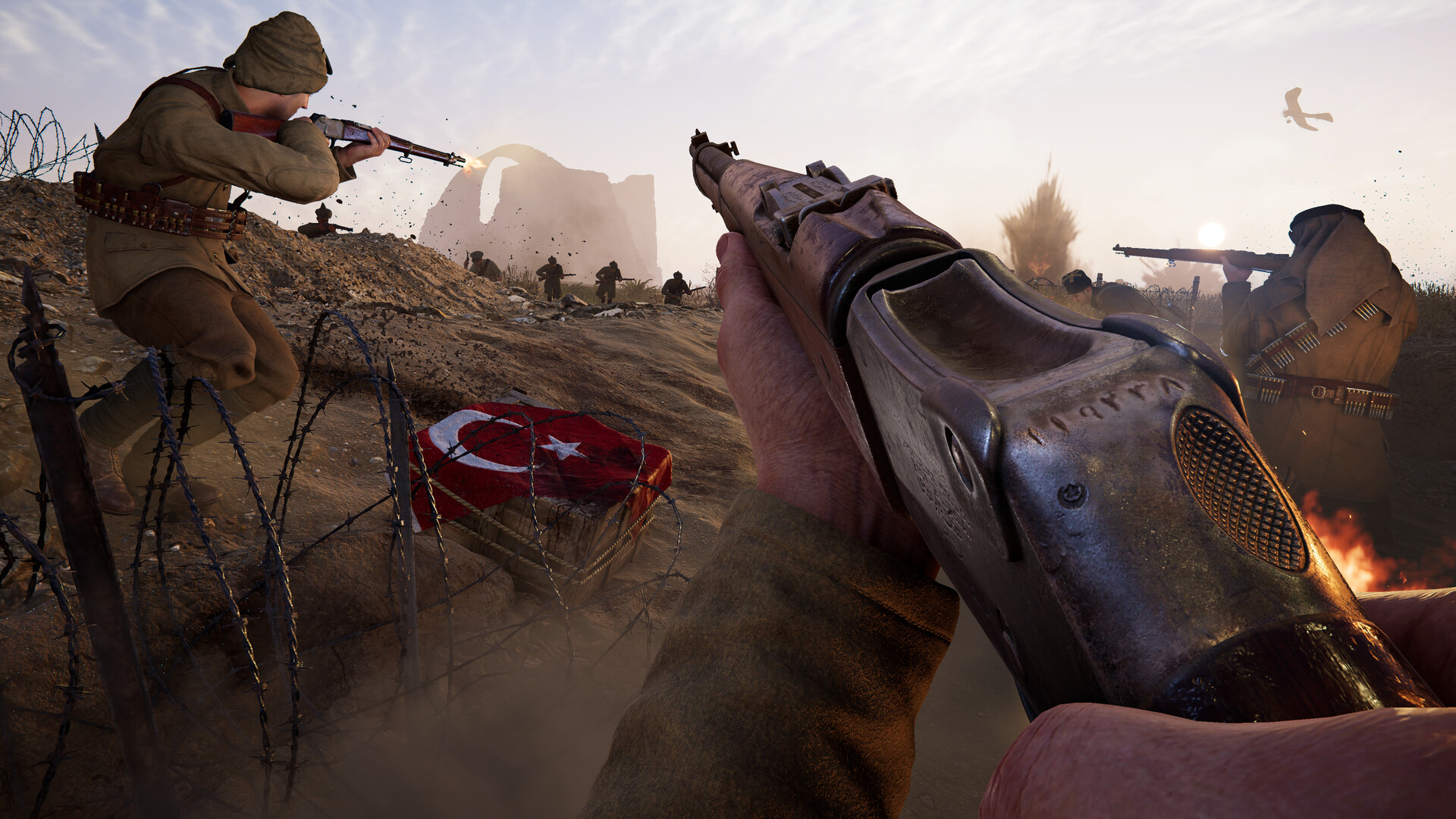Official Gallipoli screenshot showing a squad pushing toward an objective in an outdoor combat zone.