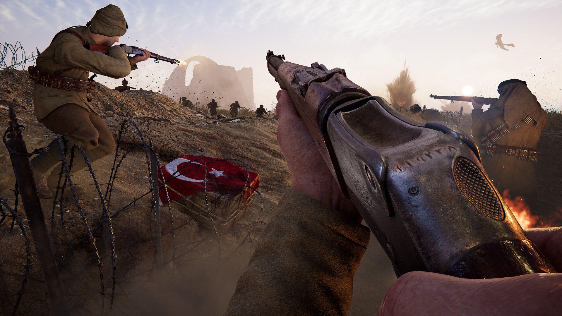 Official Gallipoli screenshot showing a squad pushing toward an objective in an outdoor combat zone.