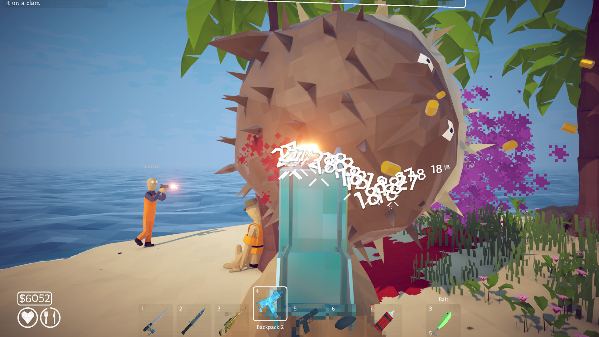 Official How to Fish screenshot showing a first-person fishing and combat sequence near docks and buildings.