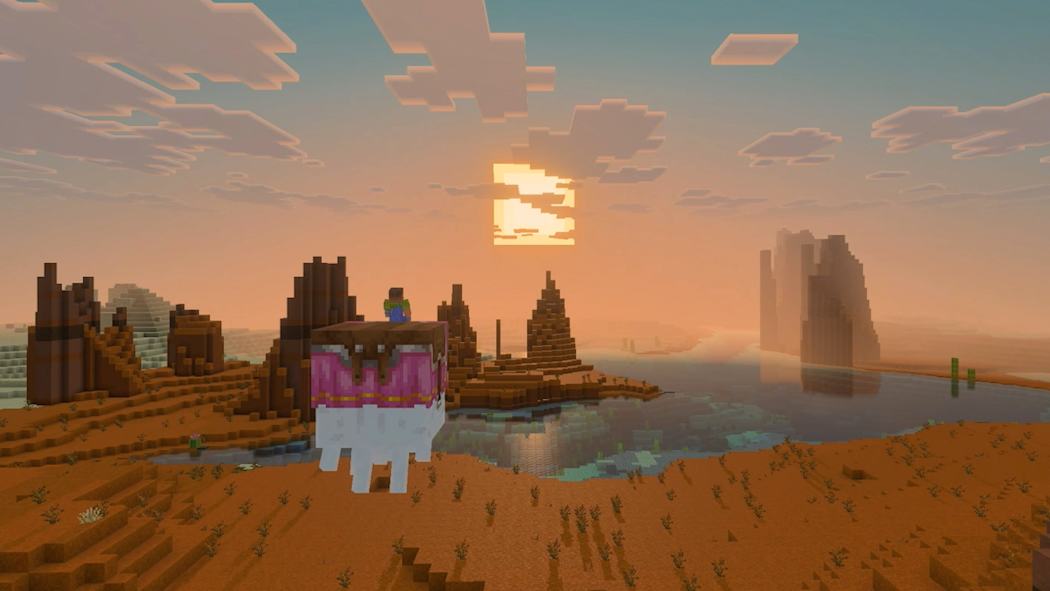 A player rides a floating white creature above orange block terrain and water at sunset.