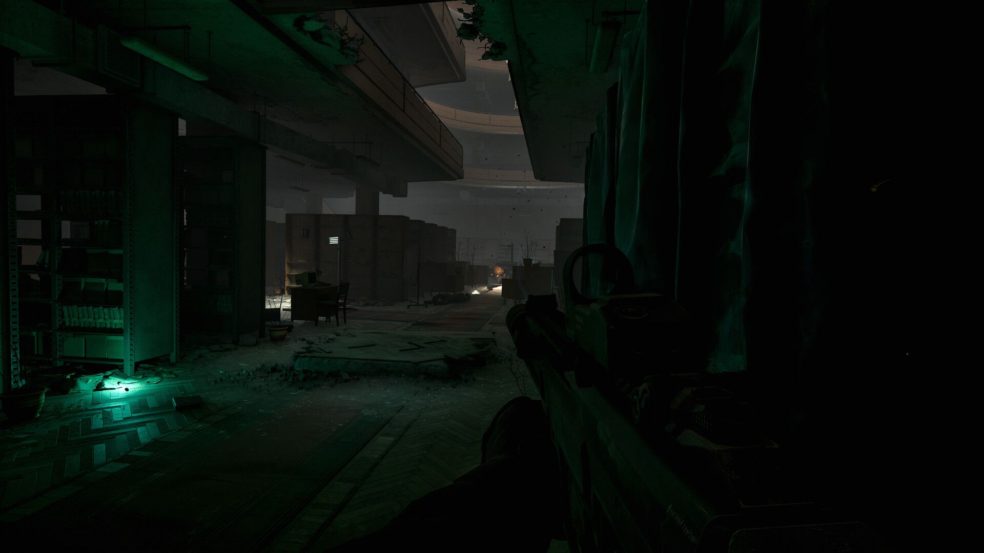 Official STALKER 2: Cost of Hope screenshot showing a character aiming through a rifle sight in a wooded area.