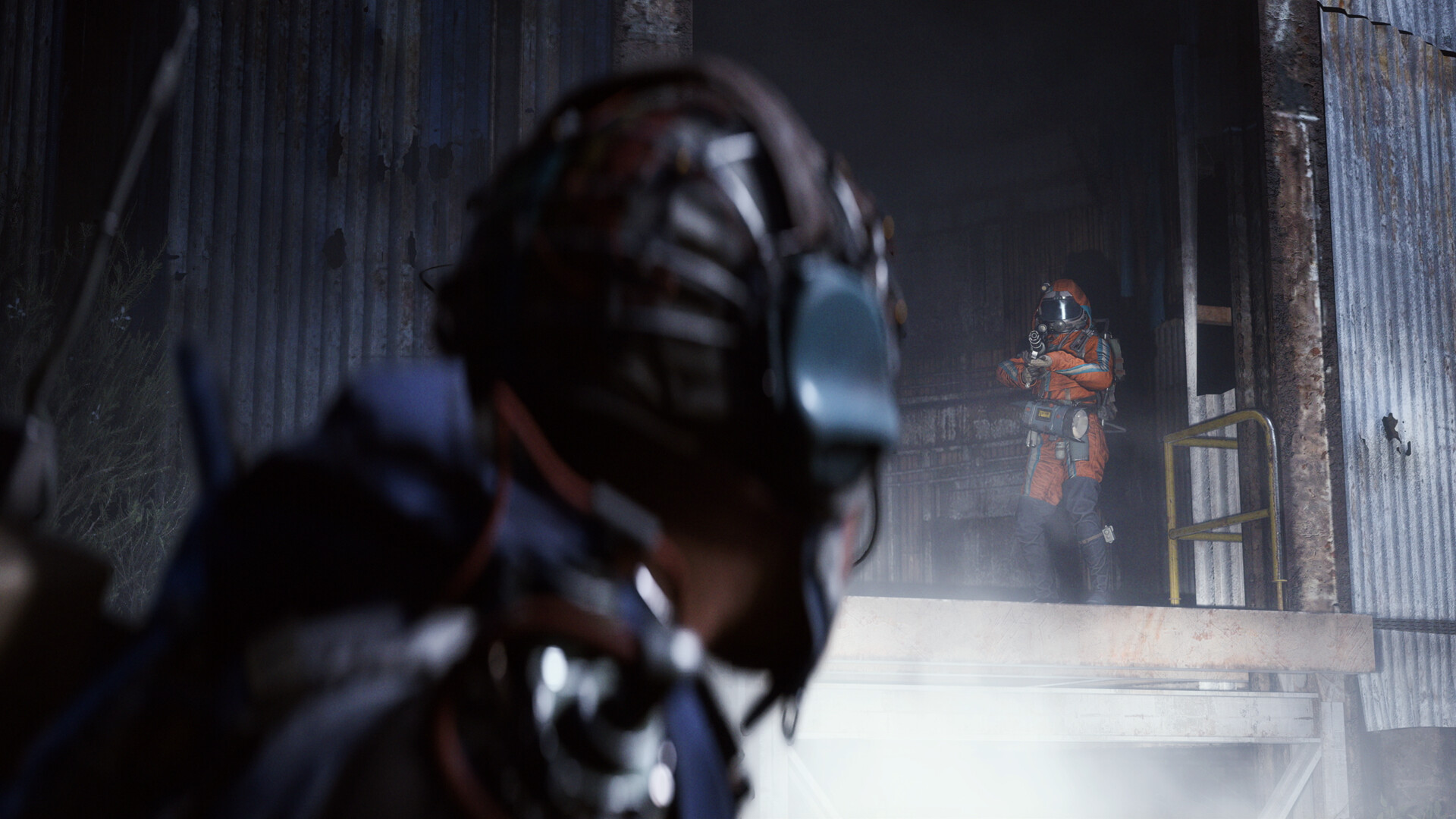 Official ARC Raiders Steam screenshot showing a firefight in an overgrown industrial environment.