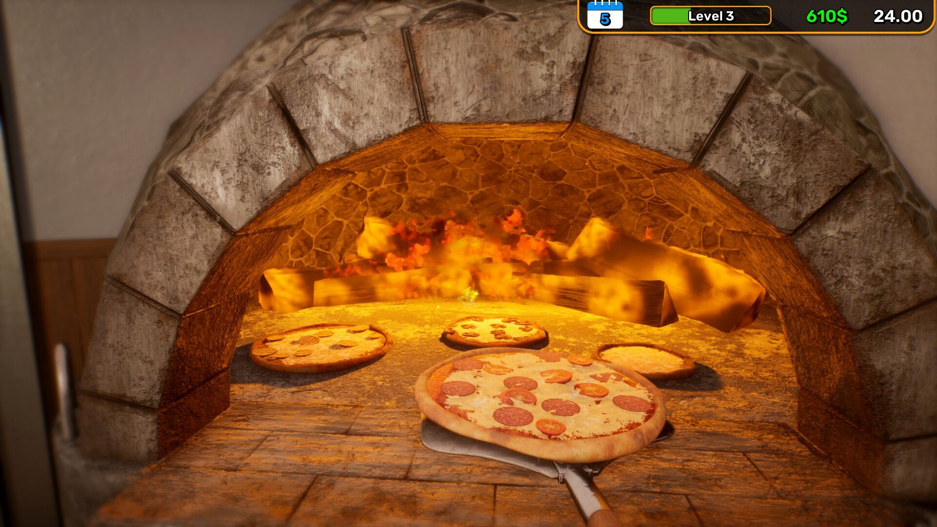 Oficjalny kadr z Pizza House Simulator pokazujący zarządzanie restauracją i aktywność graczy w kuchni.