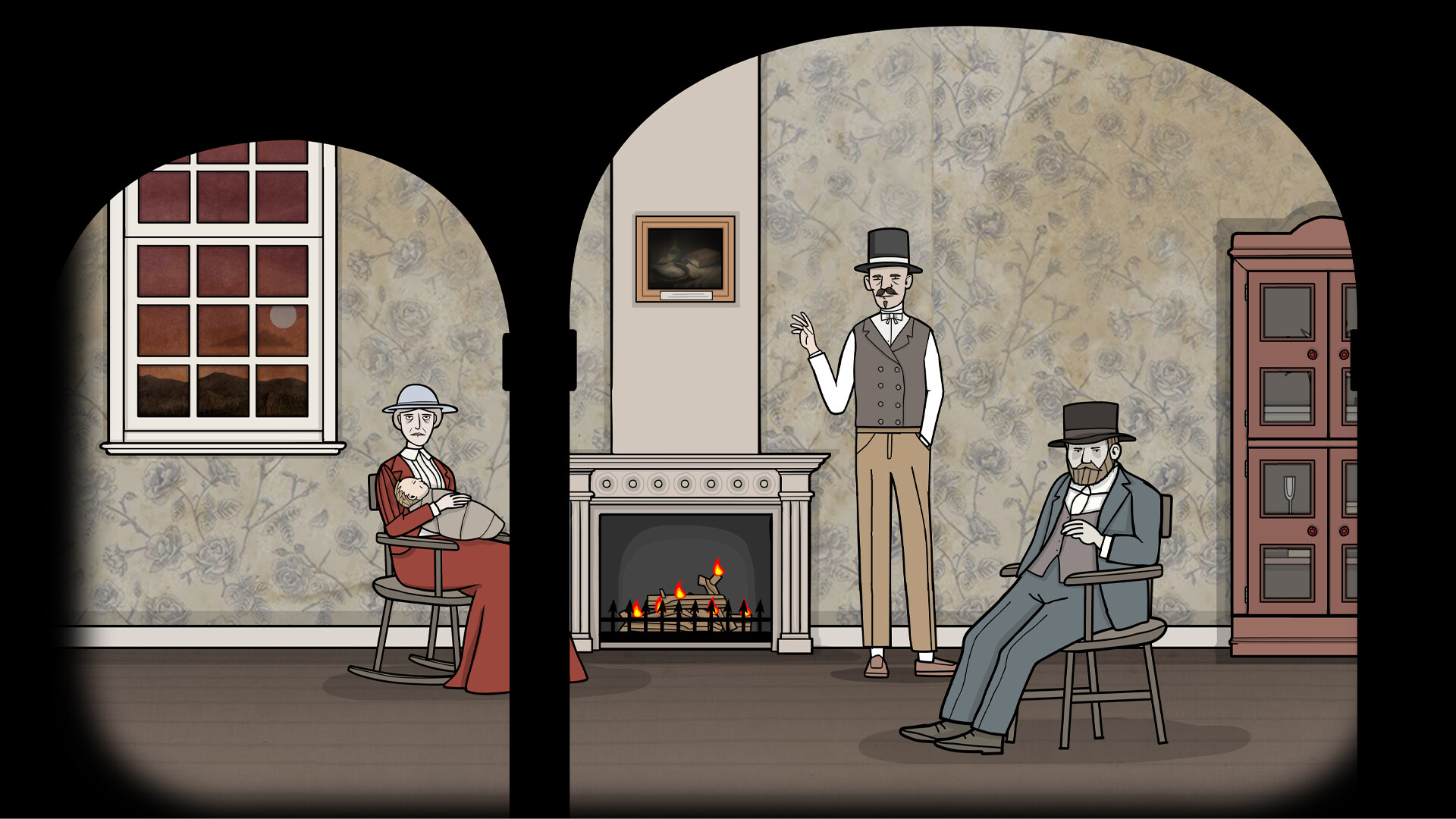 Official Servant of the Lake screenshot showing a character scene inside the mansion with the game's hand-drawn art style.
