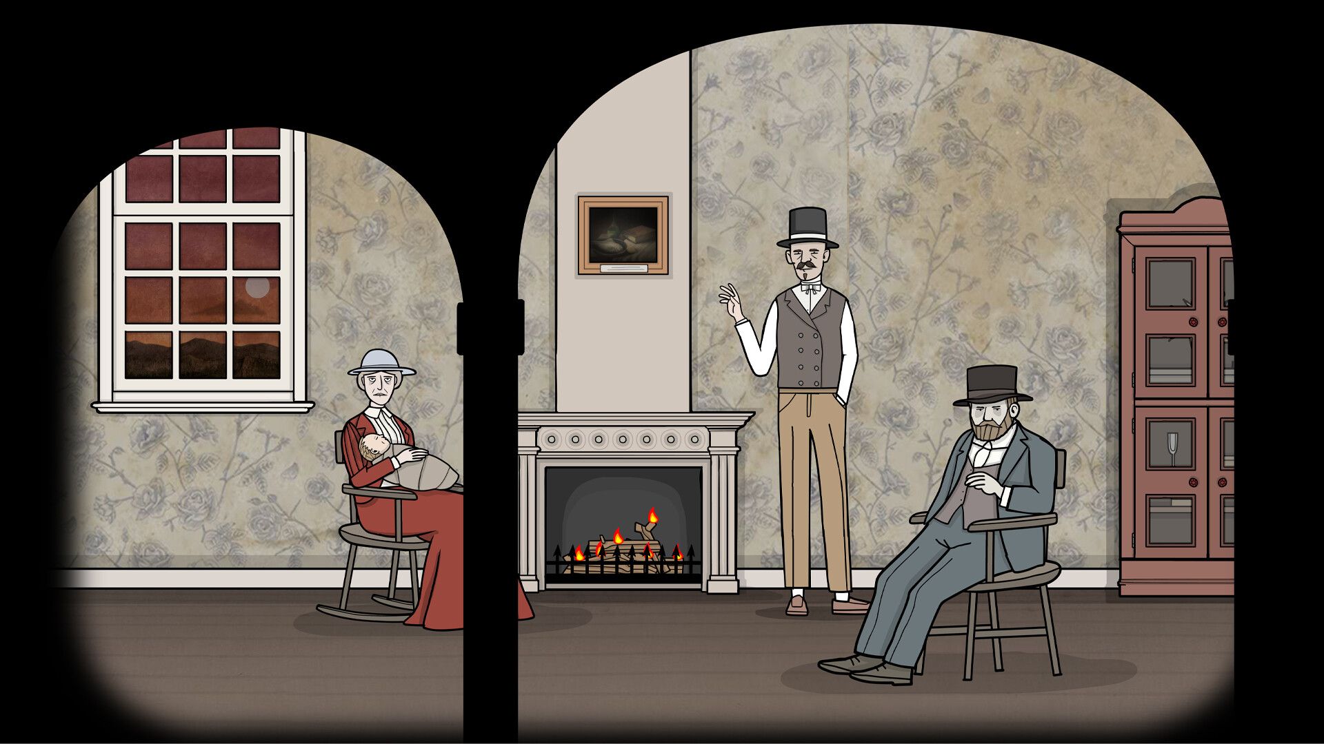 Official Servant of the Lake screenshot showing a character scene inside the mansion with the game's hand-drawn art style.