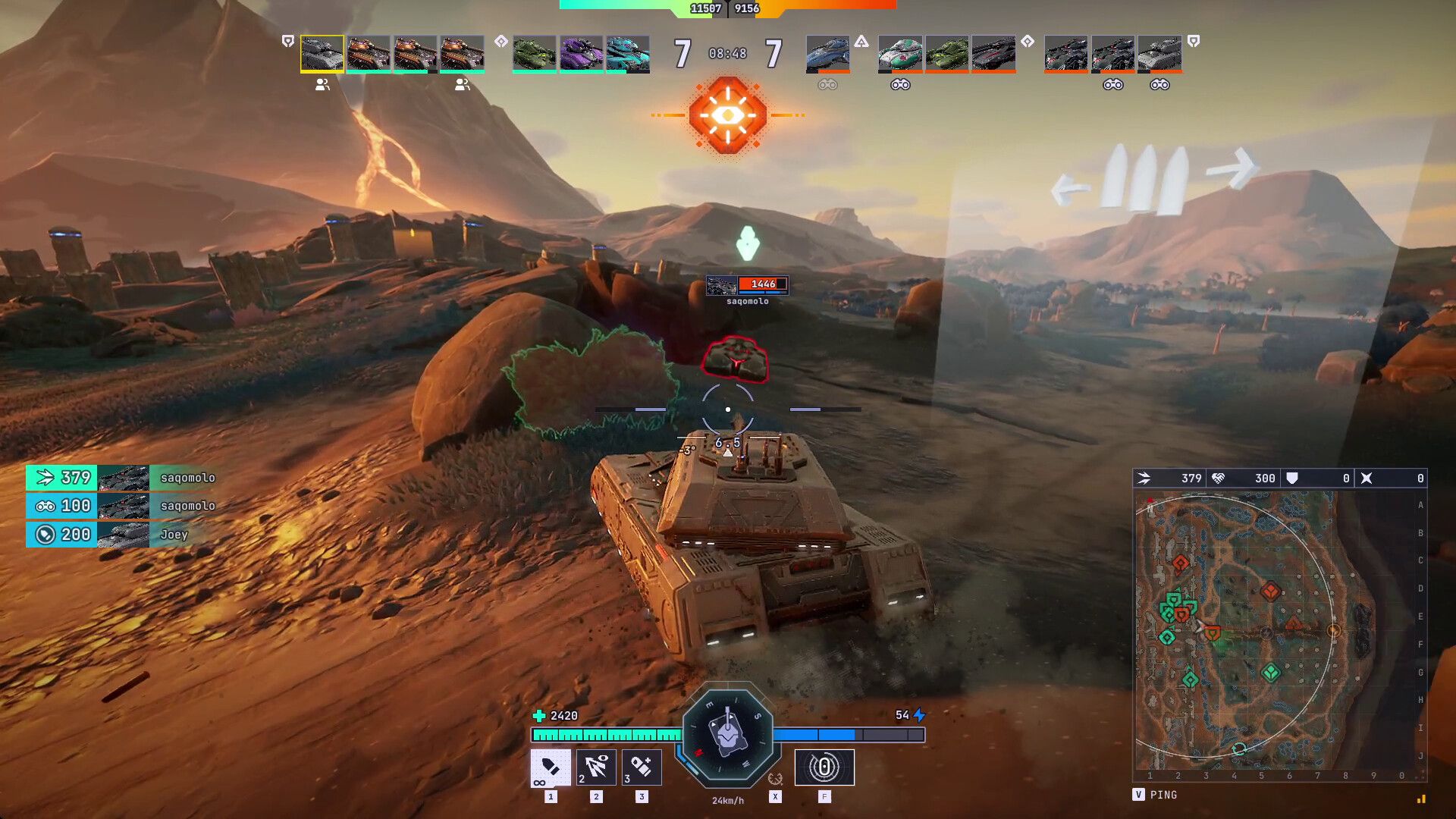 Official Tyr Steam screenshot showing a large tank battle with explosions and multiple vehicles in combat.
