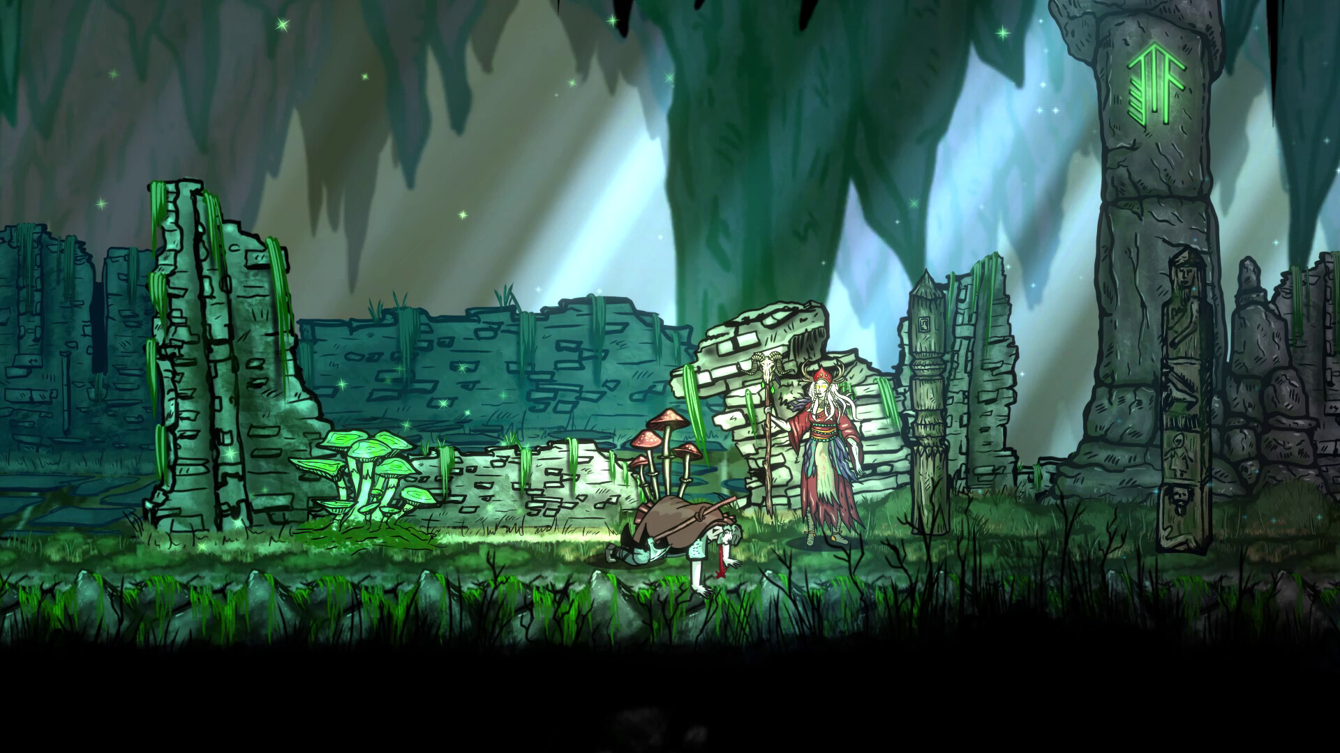 Official Volkolak: The Will of Gods screenshot showing a moonlit castle area with a boss-like enemy and layered 2D backgrounds.