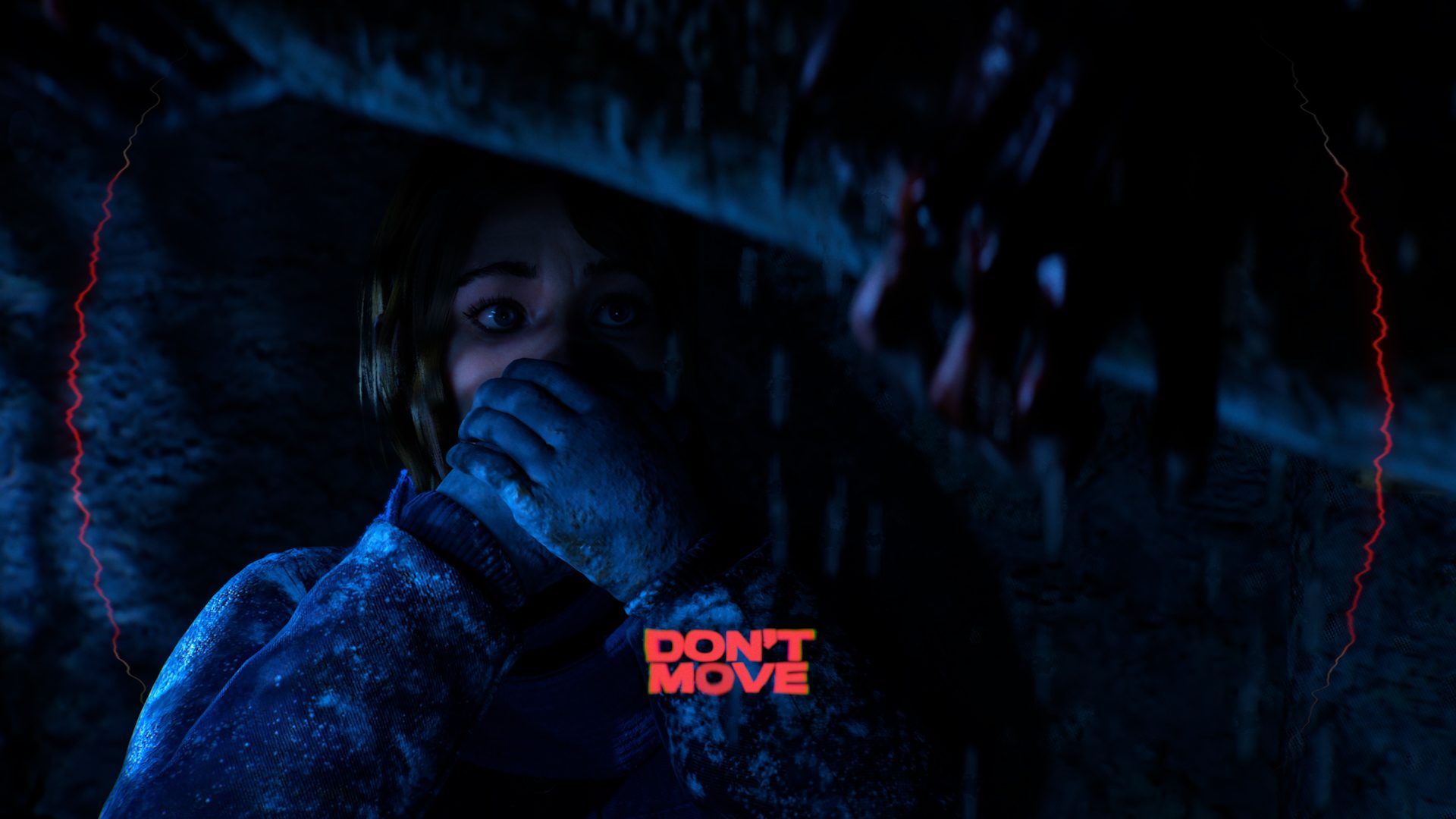Official Until Dawn 2 image showing a tense confrontation in a dark interior scene.