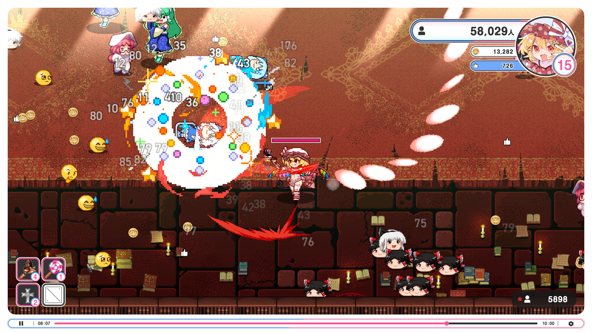 Official Internet Survivor Survivors screenshot showing crowded combat effects, enemy mobs, and pickup-heavy roguelite action.