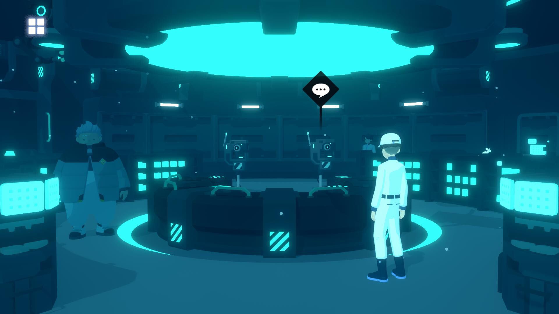 Official D-topia screenshot showing the Facilitator and robots inside a blue-lit control room.