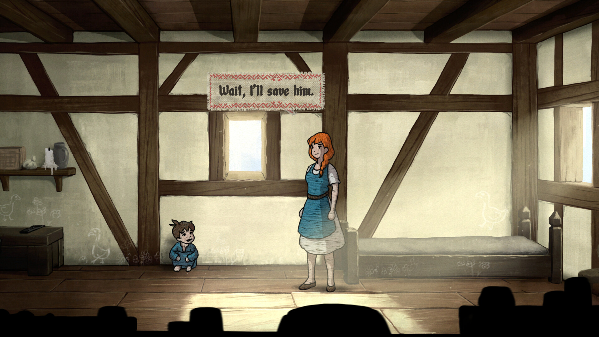 Official Scarlet Deer Inn screenshot showing the protagonist moving through a darker interior with embroidered figures and layered painted backgrounds.