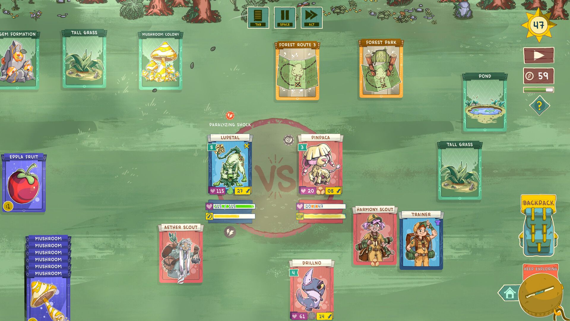 Official Stackmon Steam screenshot showing exploration and camp-building in the game.