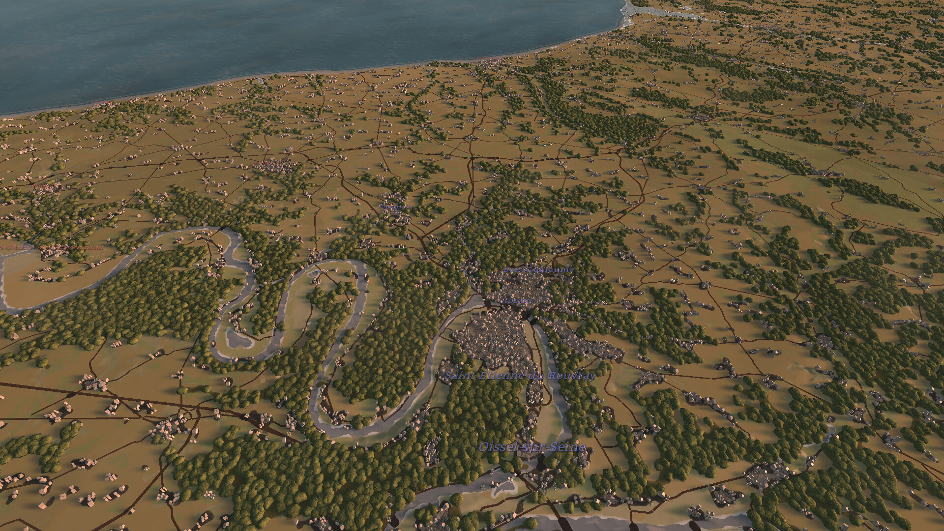 A wide terrain view shows the Seine winding past Rouen, towns, roads and wooded areas, without the command HUD.
