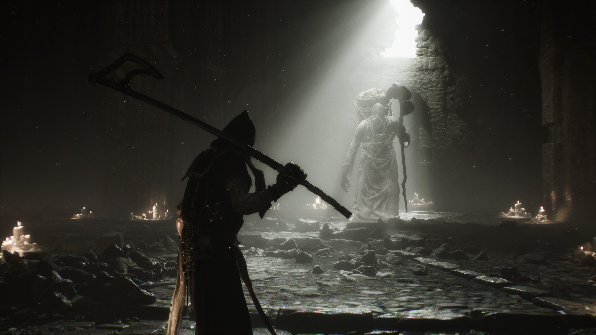 Official Mortal Shell II screenshot showing an armored fighter in a grim stone passage during combat.