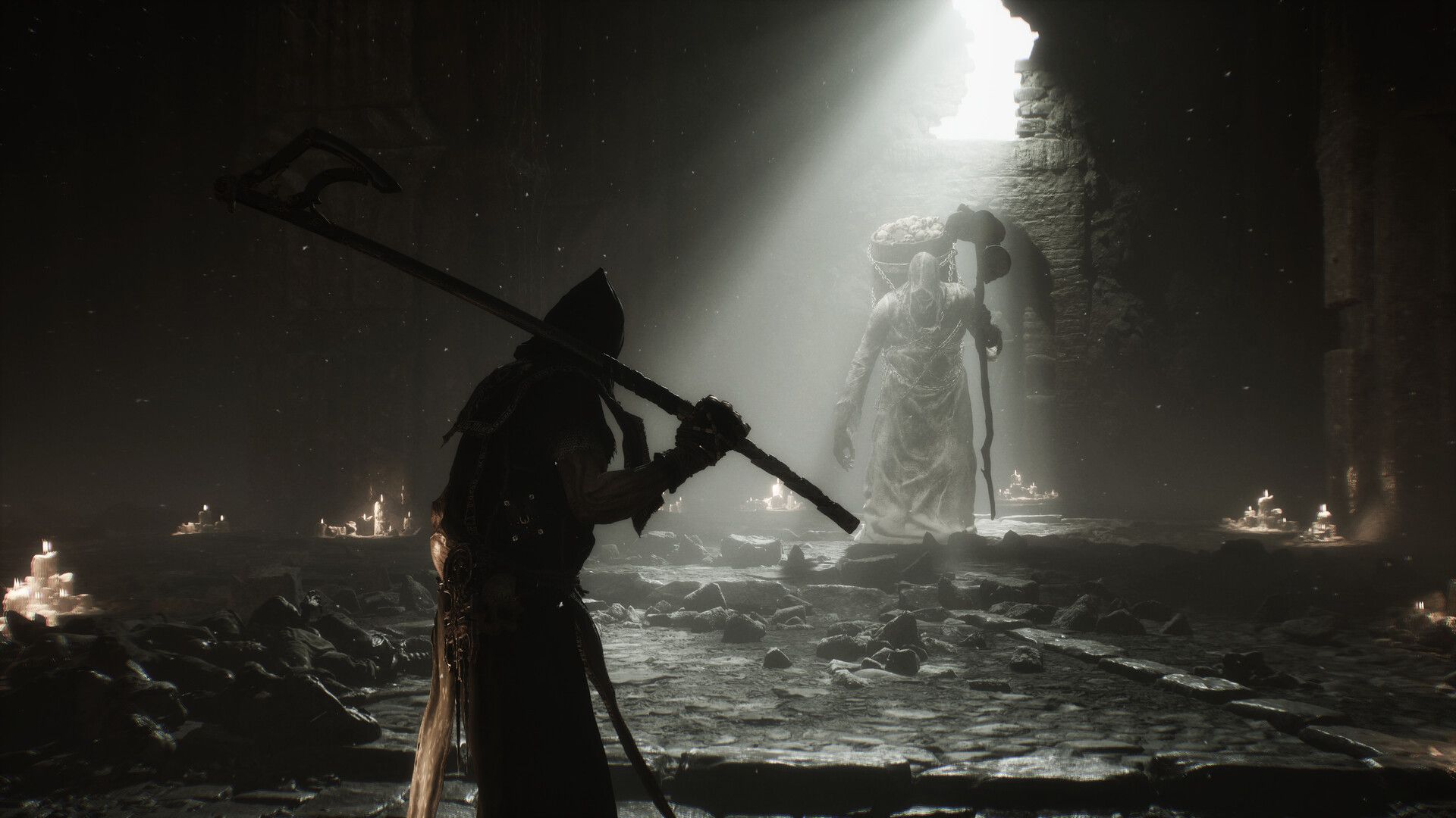 Official Mortal Shell II screenshot showing an armored fighter in a grim stone passage during combat.