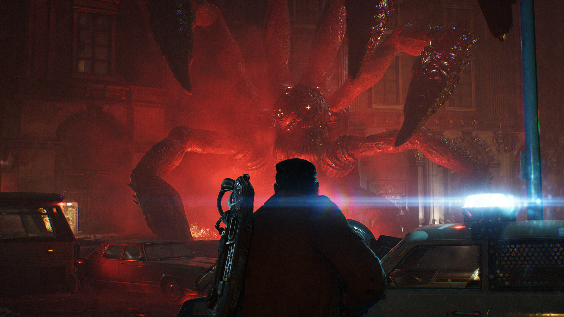 Official Steam screenshot from Gears of War: E-Day showing cover-based combat in a dark city battle.