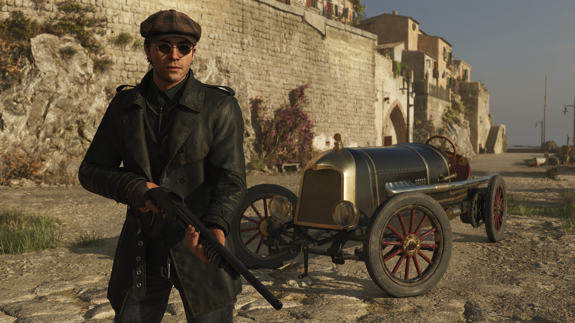 Official Mafia: The Old Country - Man of Honor screenshot showing Enzo aiming a shotgun during a close-range fight.