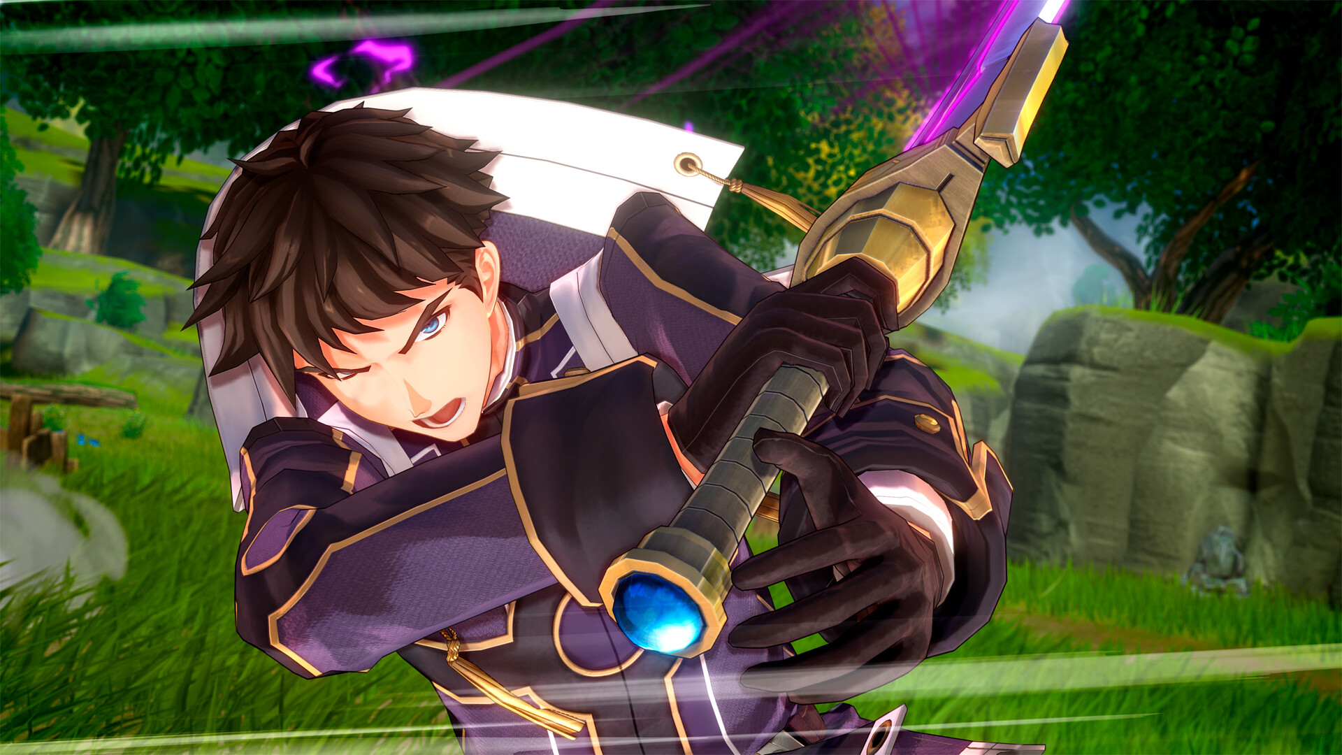 A dark-haired character raises a sword in an action close-up against a forest background.