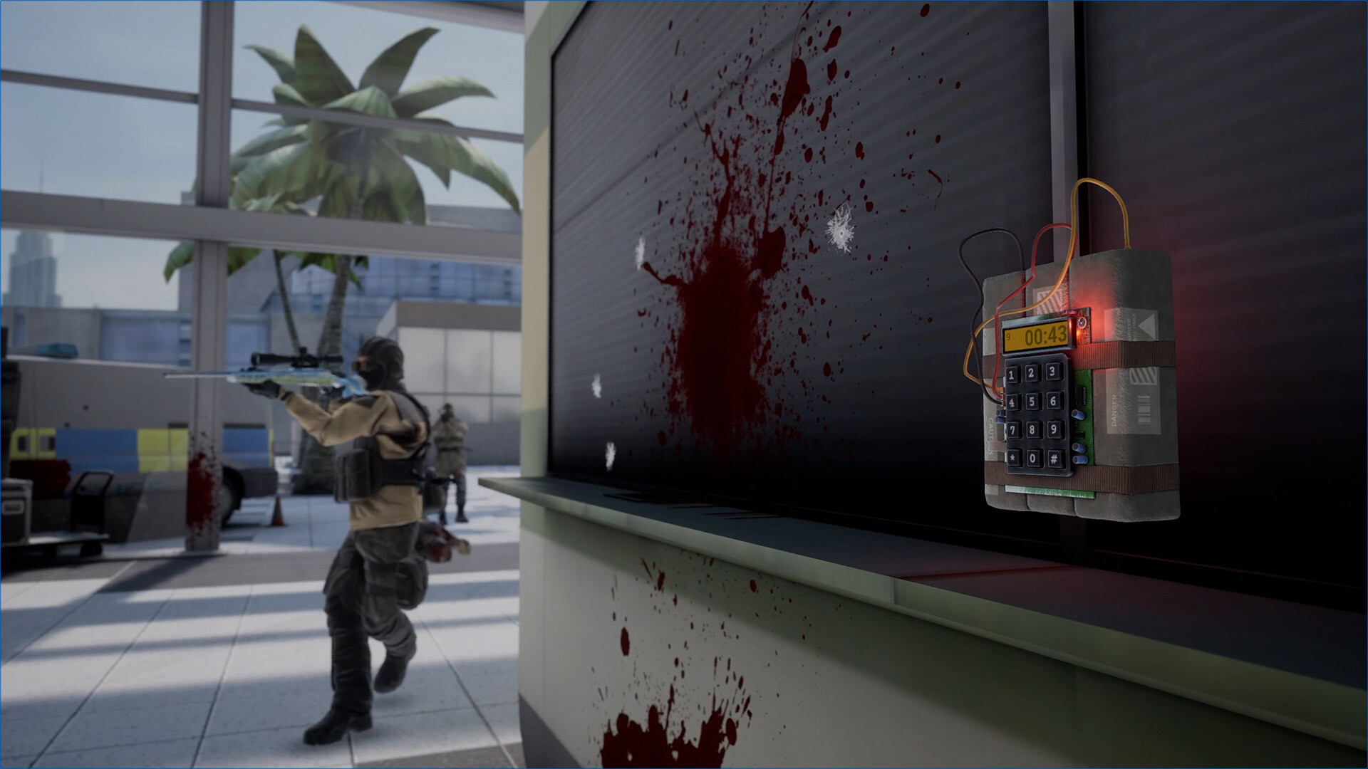 Official Pavlov Shack screenshot showing a first-person view of weapons and players in a sandy outdoor map.