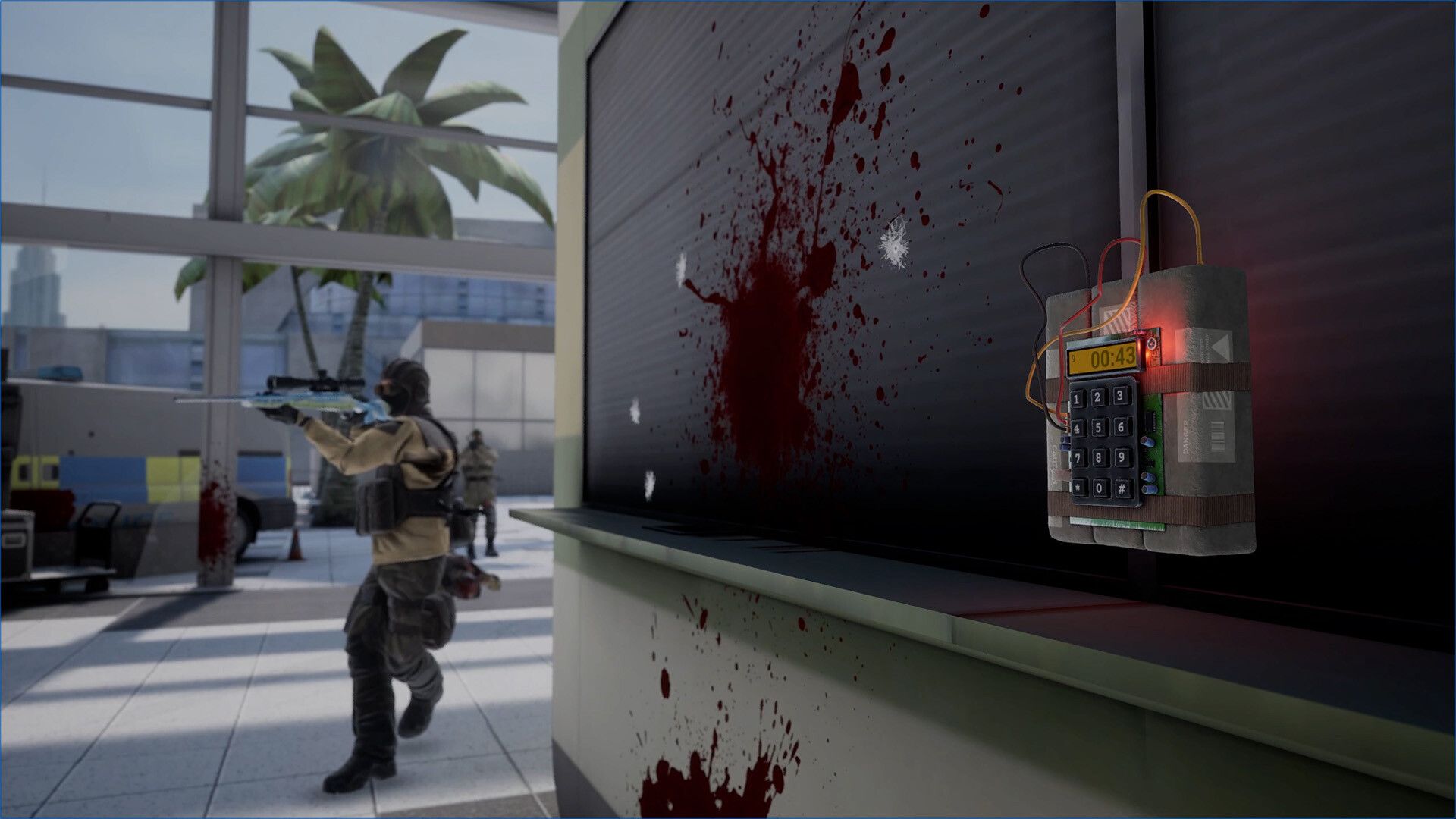 Official Pavlov Shack screenshot showing a first-person view of weapons and players in a sandy outdoor map.