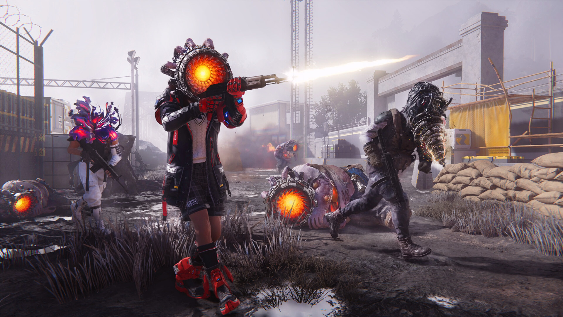 Official Once Human screenshot showing a large monster encounter in a bleak outdoor battlefield.