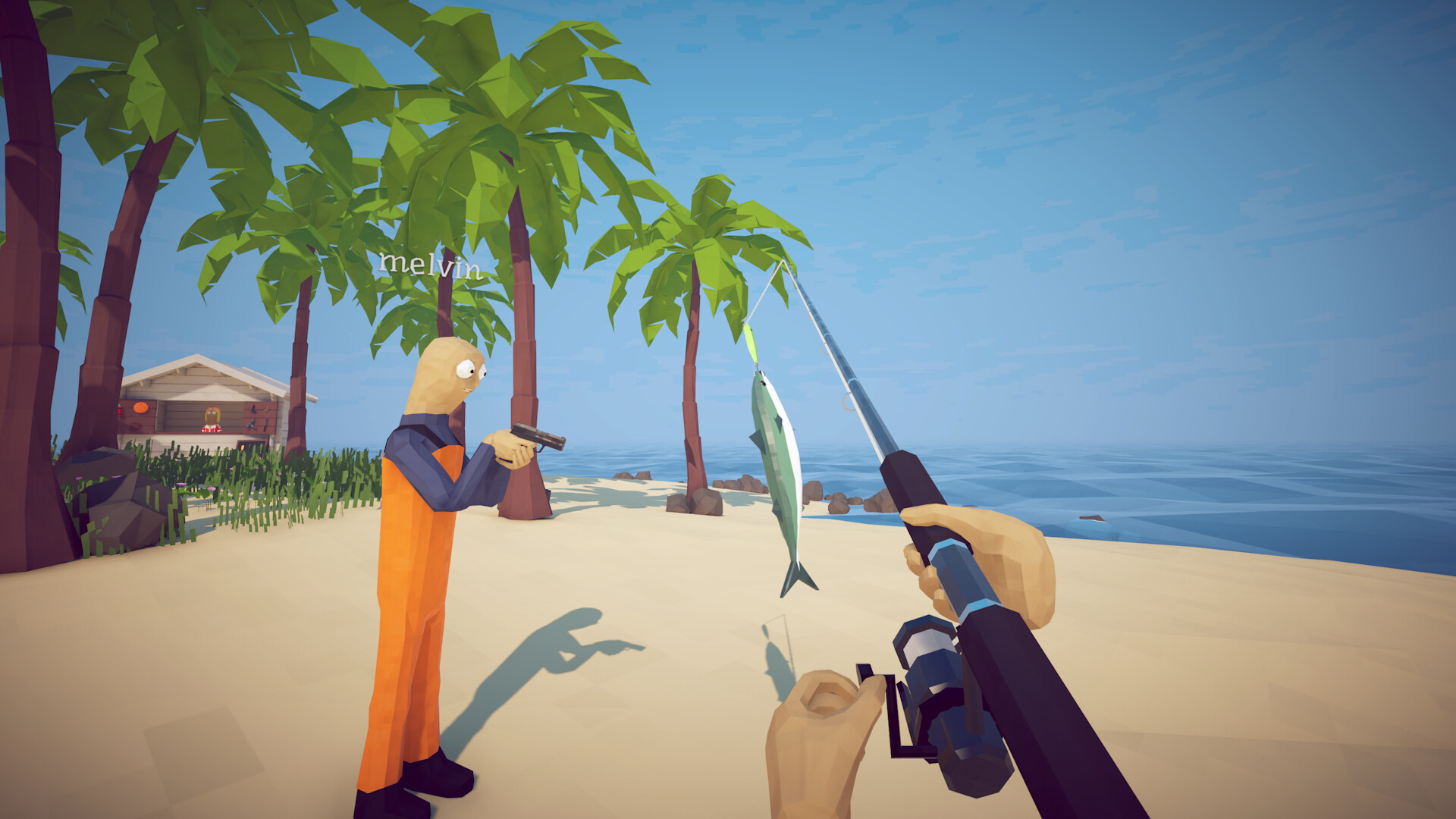 Official How to Fish screenshot showing chaotic co-op action with weapons, fish, and a crowded island scene.