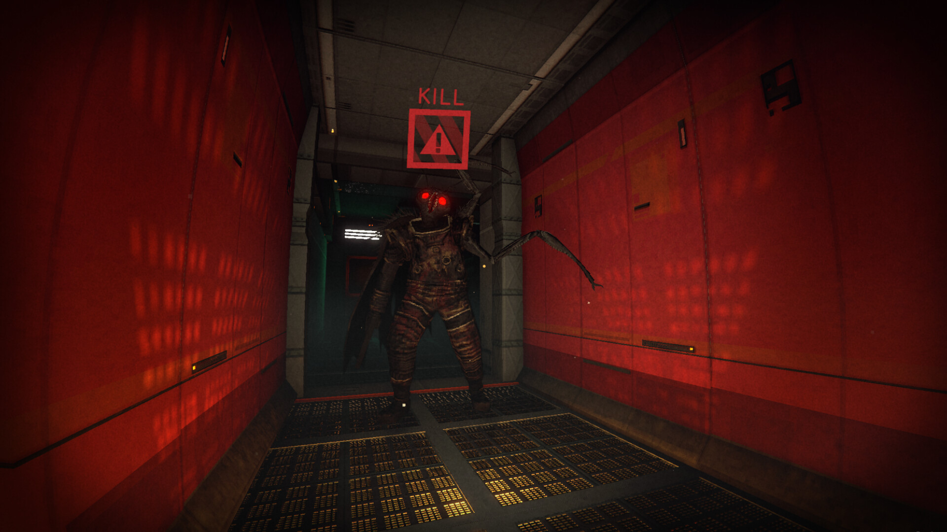 An insect-like creature with red eyes stands in a red-lit corridor.