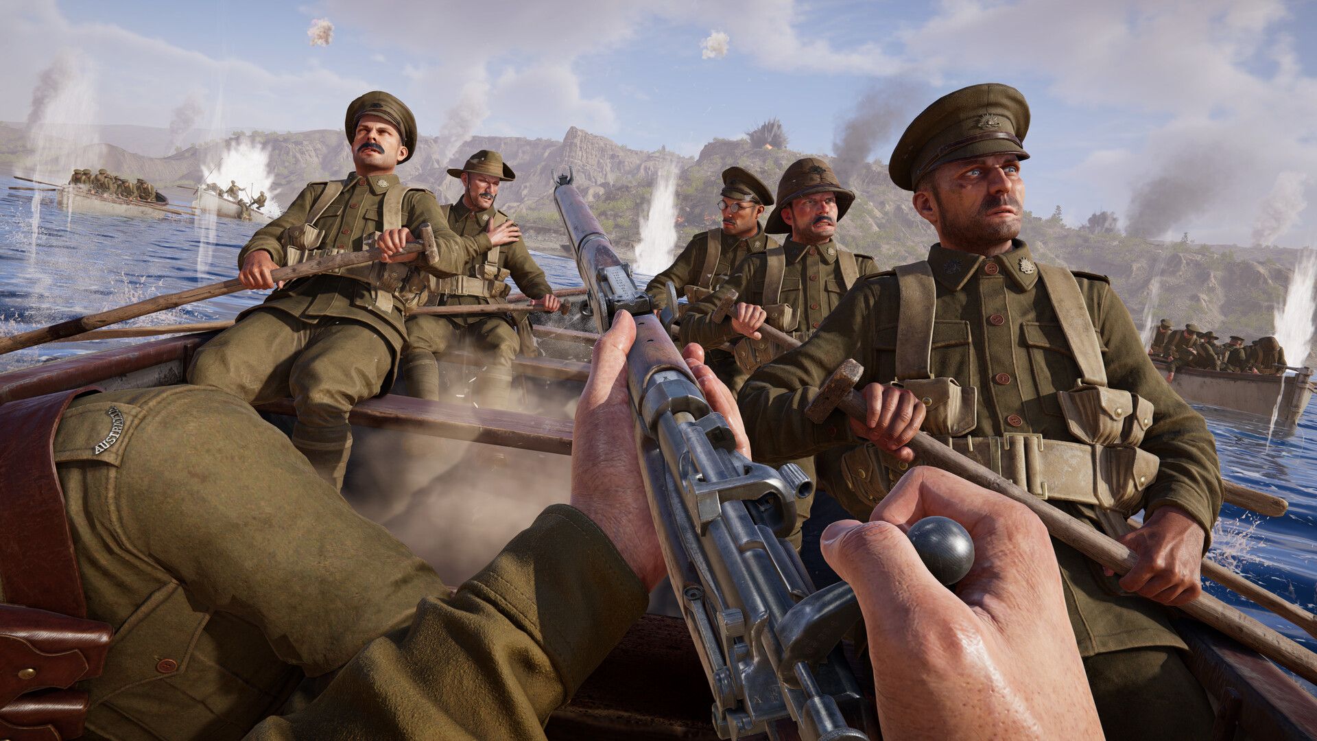 Official Gallipoli screenshot showing troops in a dusty frontline battle with explosions nearby.