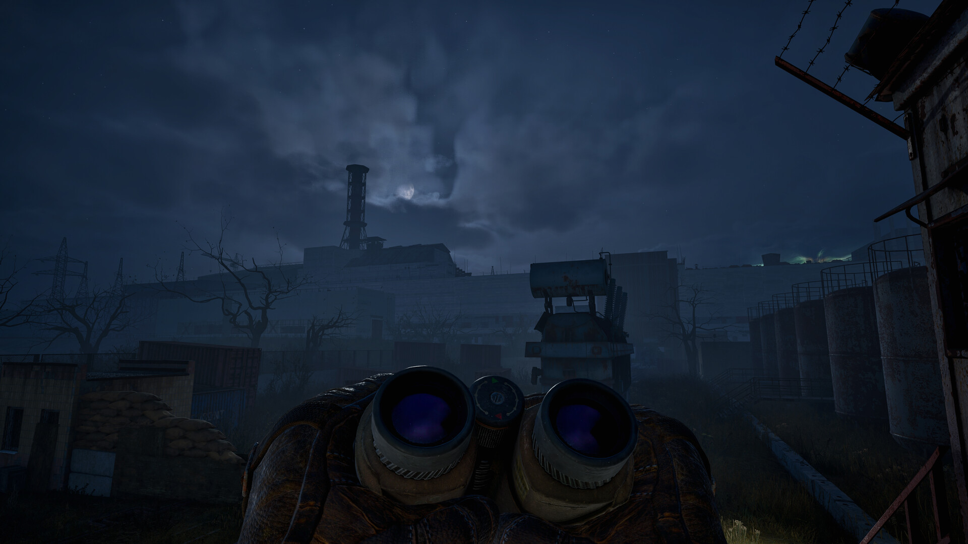 Official STALKER 2: Cost of Hope screenshot showing an anomaly-lit Zone environment with armed characters moving through it.