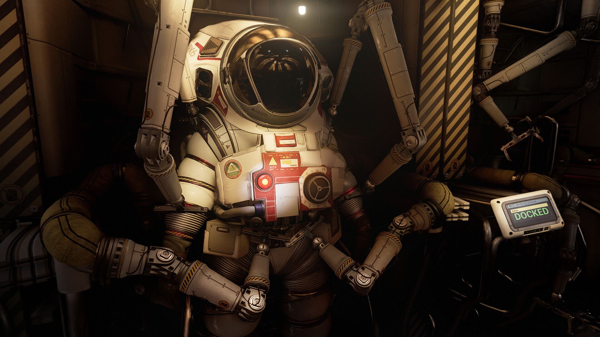 Official ONTOS screenshot showing a character exploring a wider environment inside the moon-base setting.