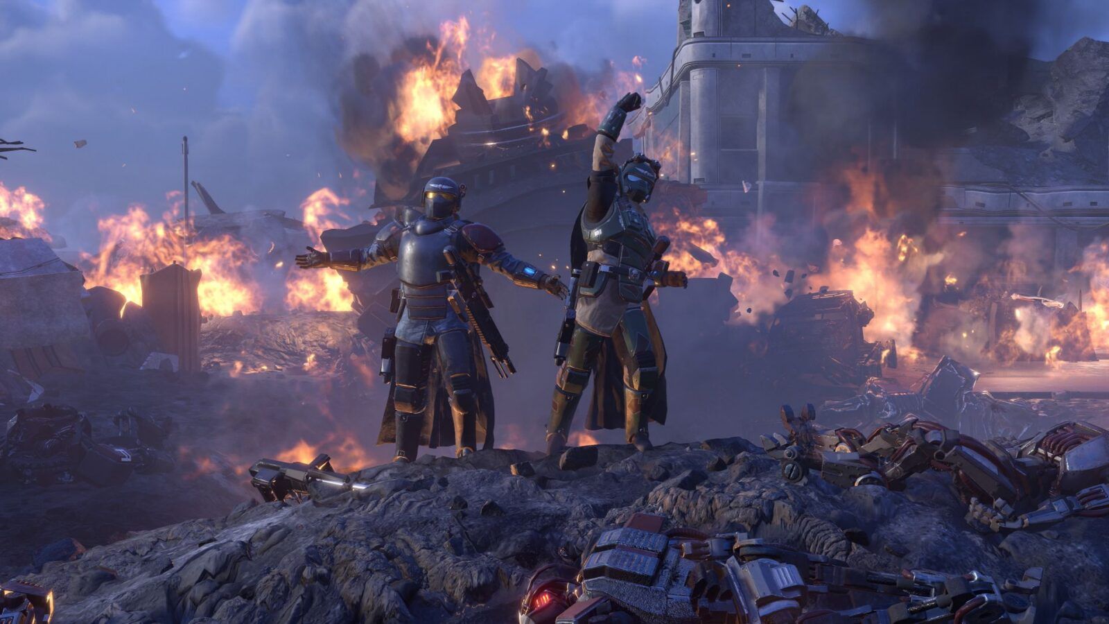 Official Helldivers 2 x Warhammer 40,000 support image from Xbox Wire showing the crossover gear set.