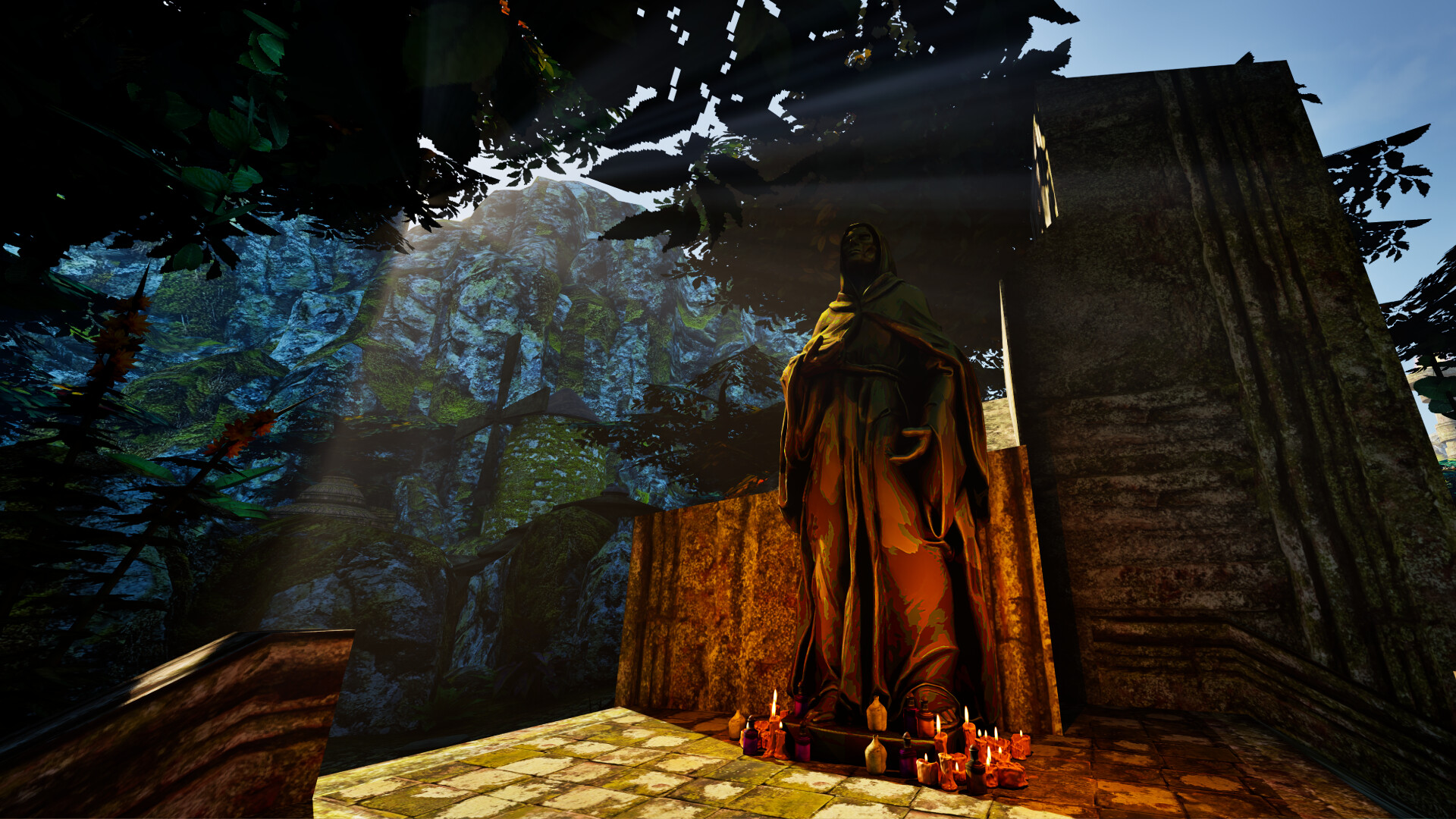 Official Lantern of the Laughless Saint screenshot showing a dark interior area with enemies and the game's first-person combat view.