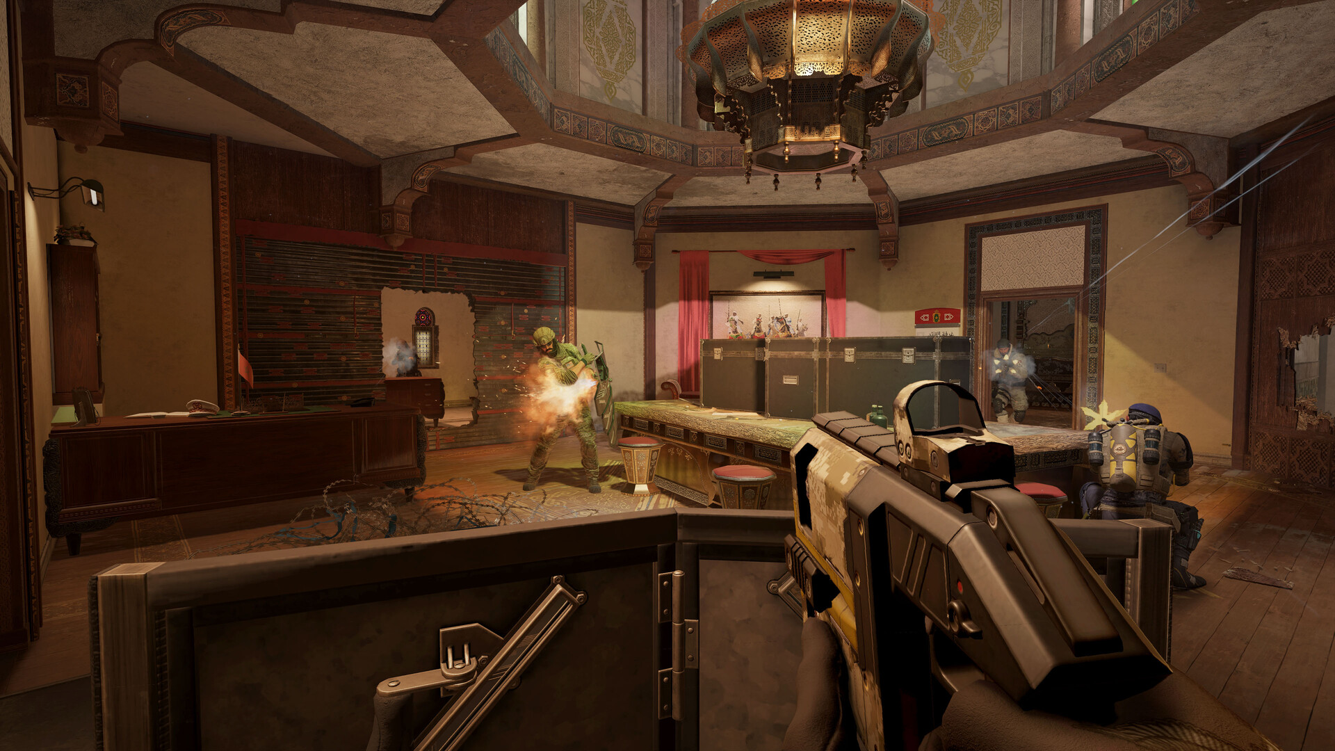 Official Rainbow Six Siege screenshot from Steam showing attackers moving through a room with gunfire and debris.
