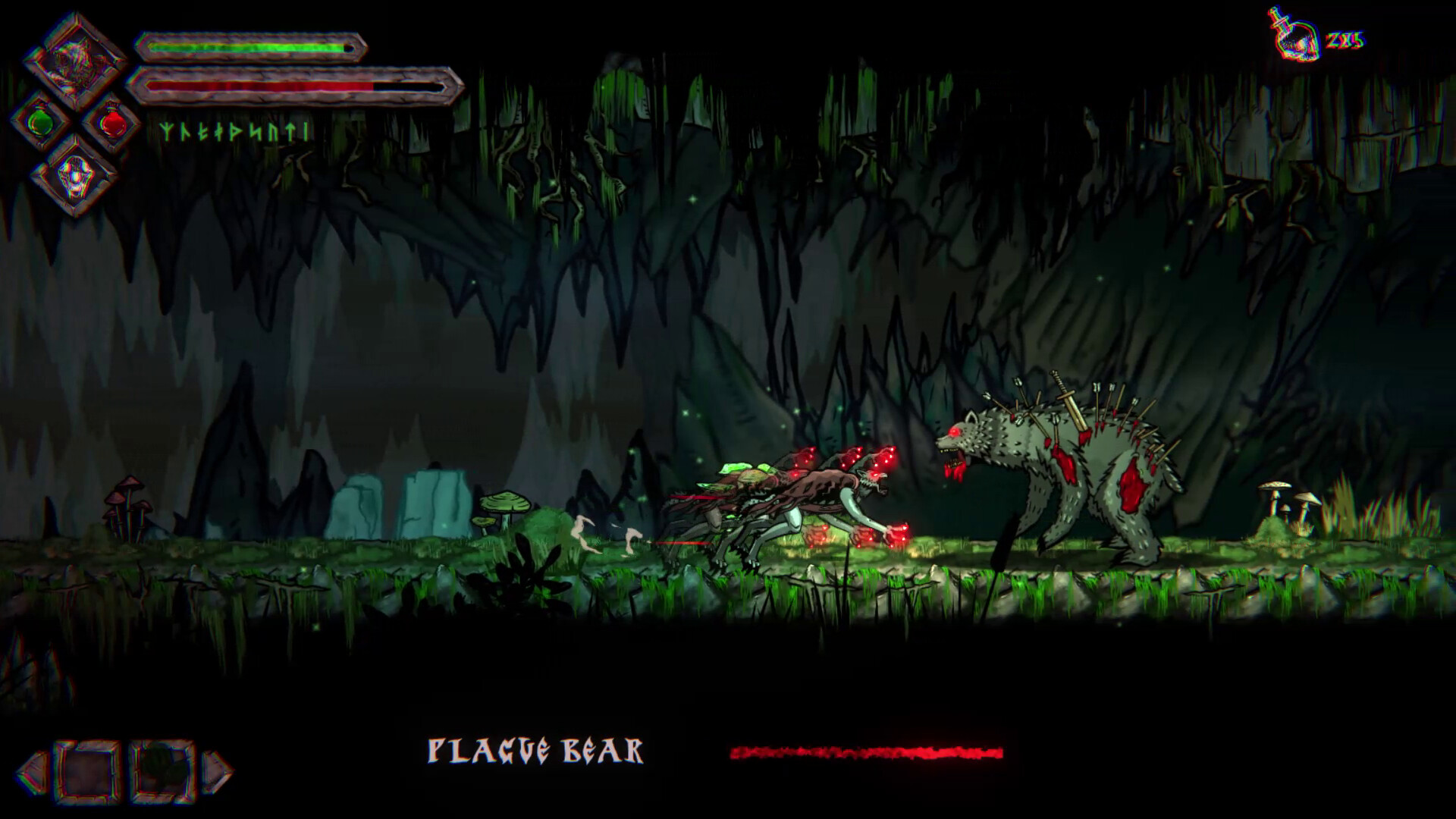 Official Volkolak: The Will of Gods screenshot showing a swamp-like area with a large beast, glowing effects, and dense UI.