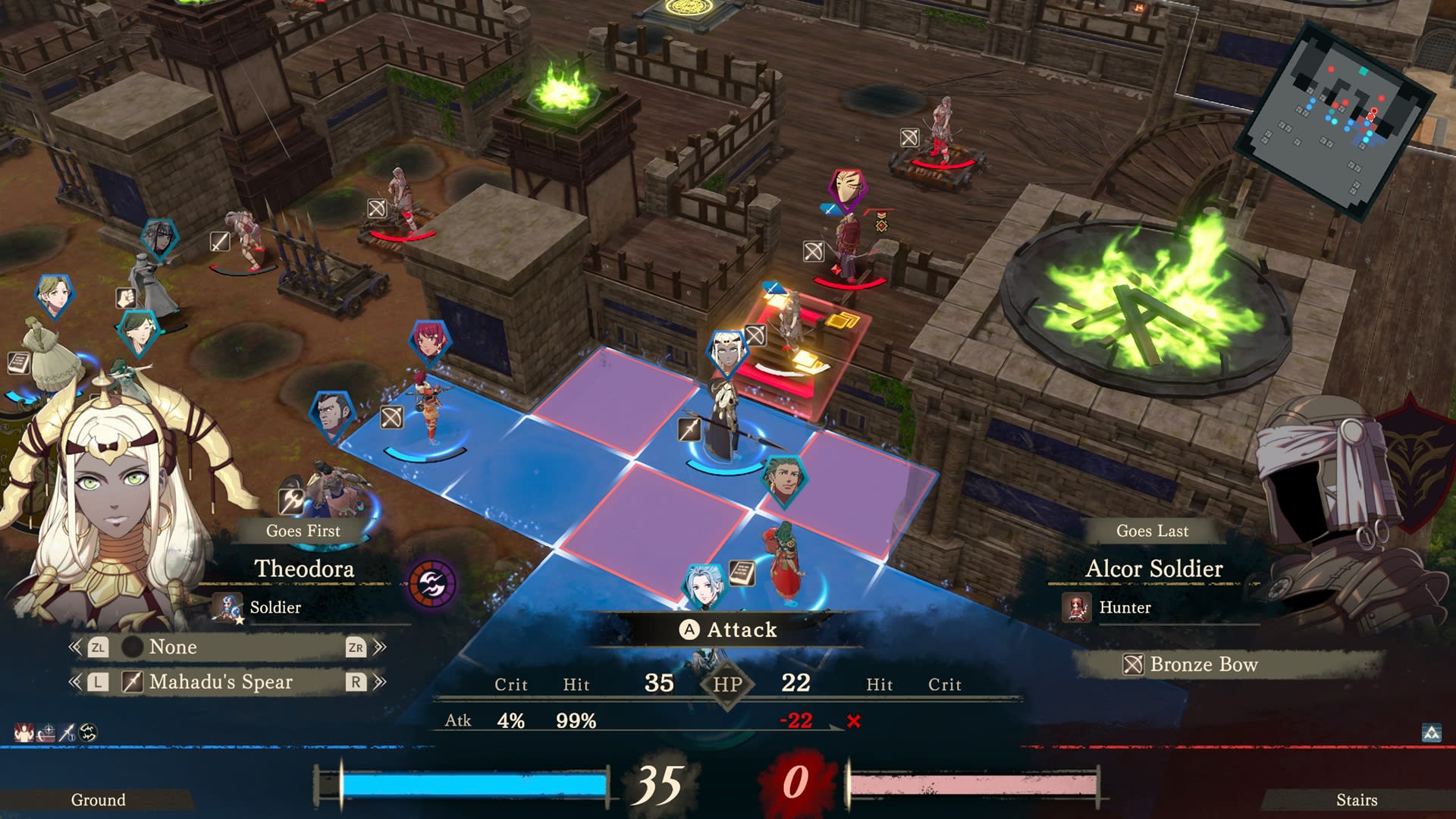 Official Fire Emblem: Fortune's Weave screenshot showing a dramatic character scene between two of the game's heroes.