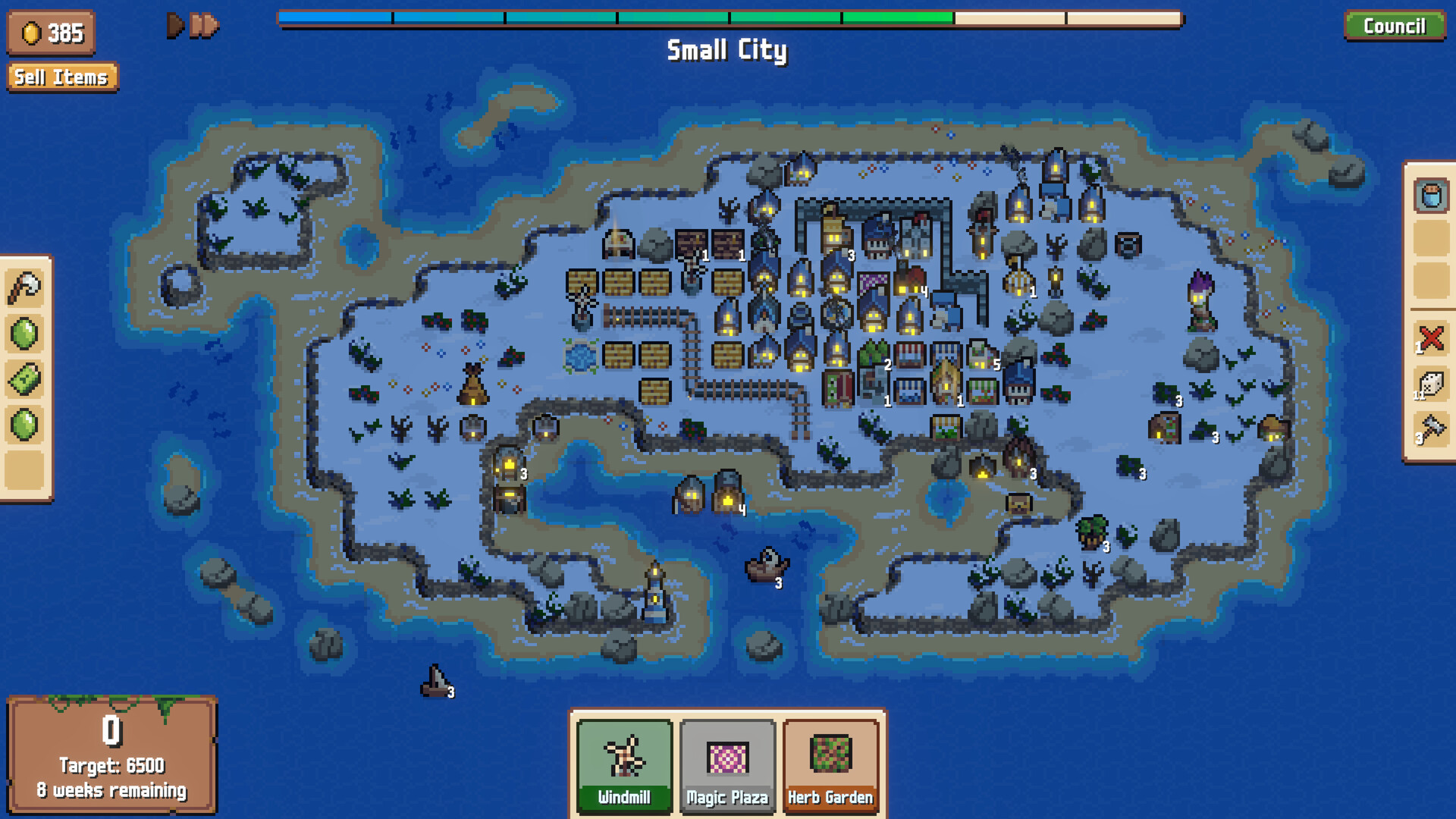 Official Combolands screenshot showing a small island map with buildings placed around coastlines and resource tiles.