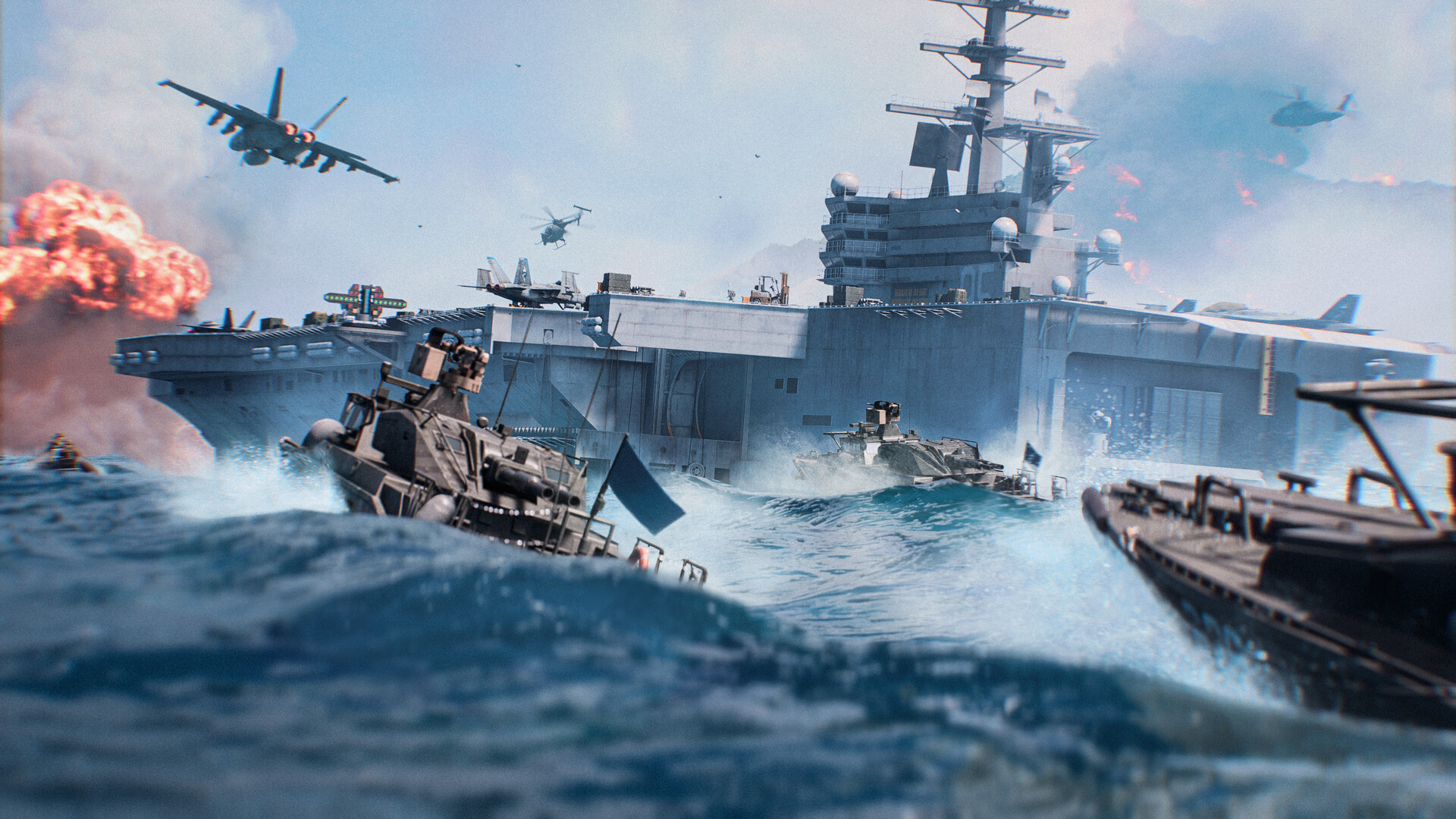 Official Battlefield 6 Steam screenshot showing a squad moving through a bright island combat zone with explosions and smoke.
