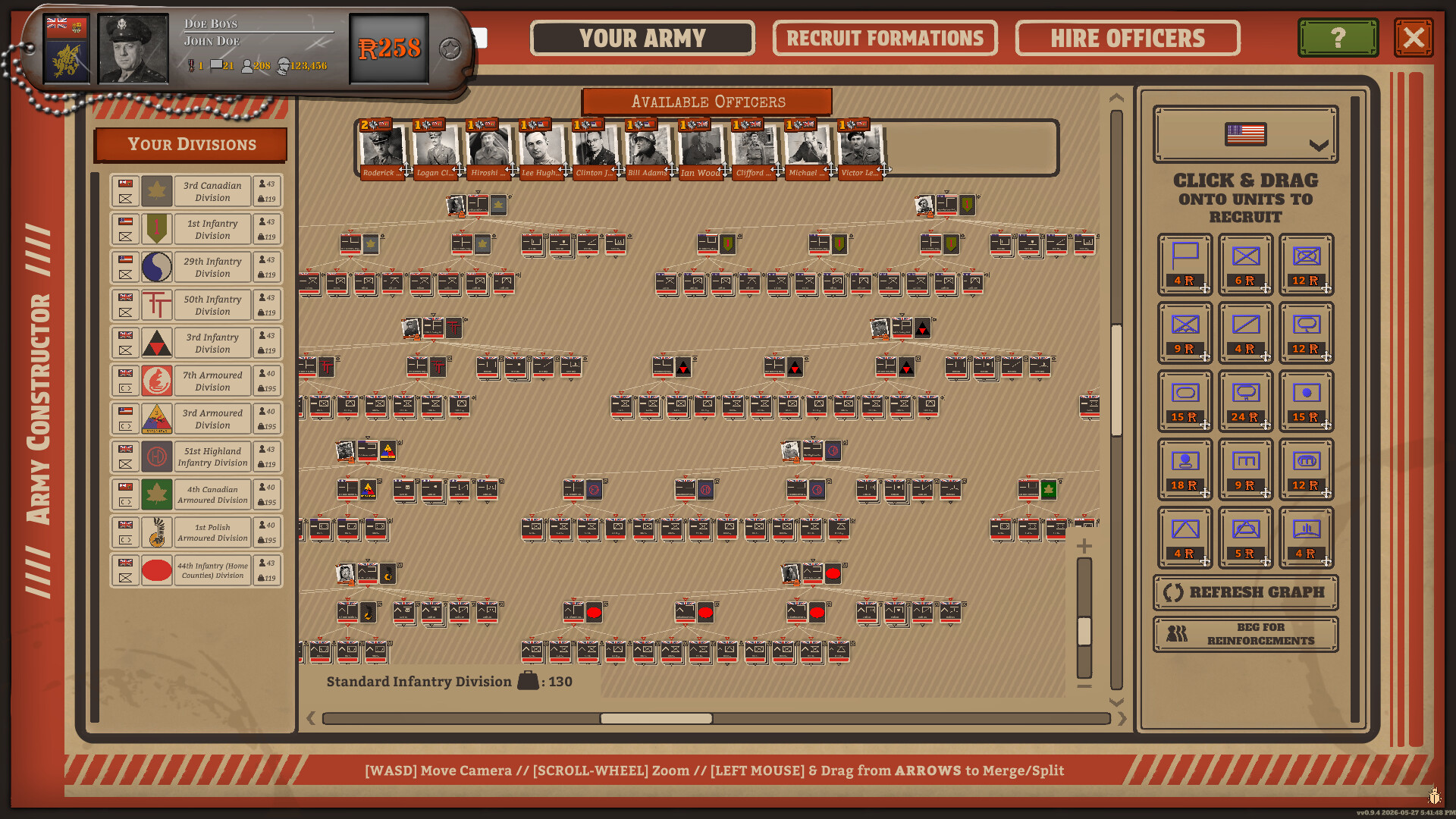 An army-constructor screen connects formation symbols in a hierarchy beneath a row of officer portraits.