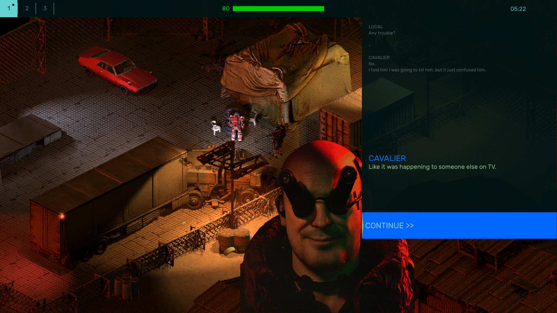Official Brigador Killers screenshot showing a vehicle battle in an overhead urban battlefield filled with explosions.
