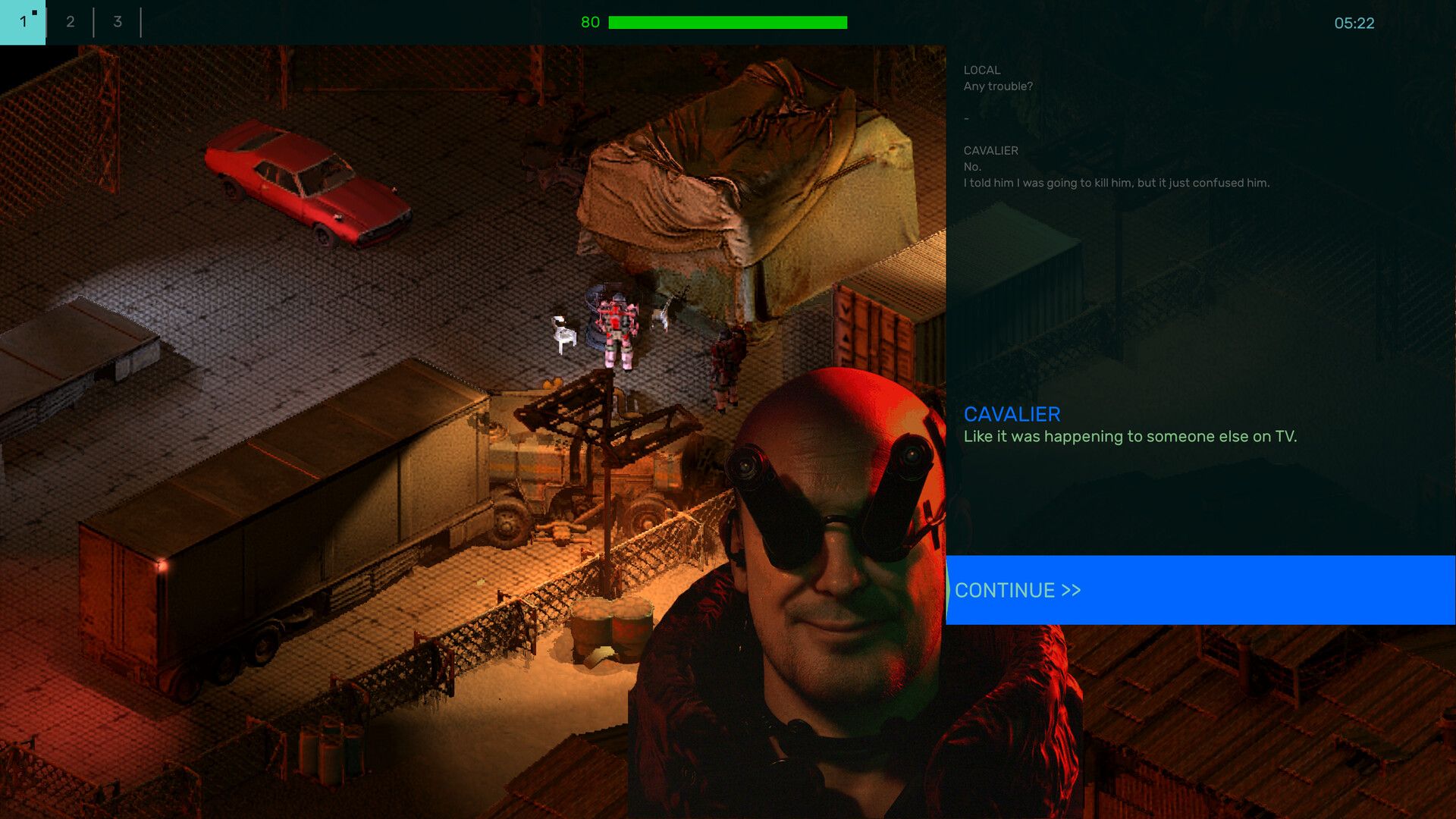 Official Brigador Killers screenshot showing a vehicle battle in an overhead urban battlefield filled with explosions.