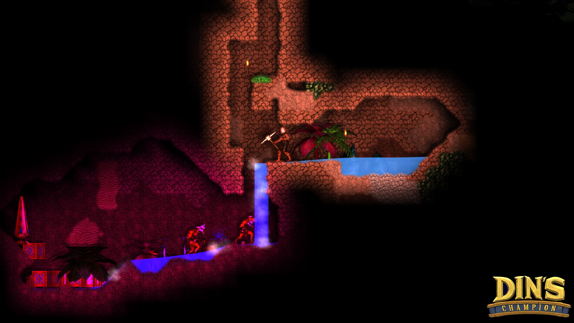 Official Din's Champion screenshot showing a player character exploring a cave area with glowing water, enemies, and layered terrain.