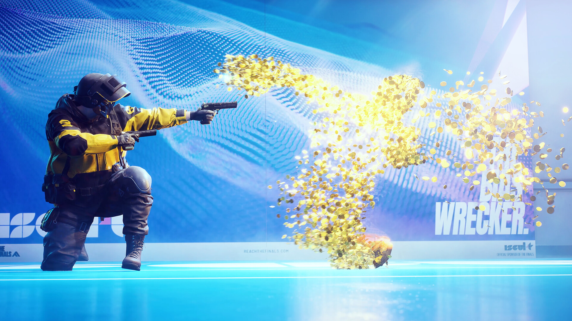 Official THE FINALS screenshot from Steam showing a first-person firefight inside a bright arena environment.