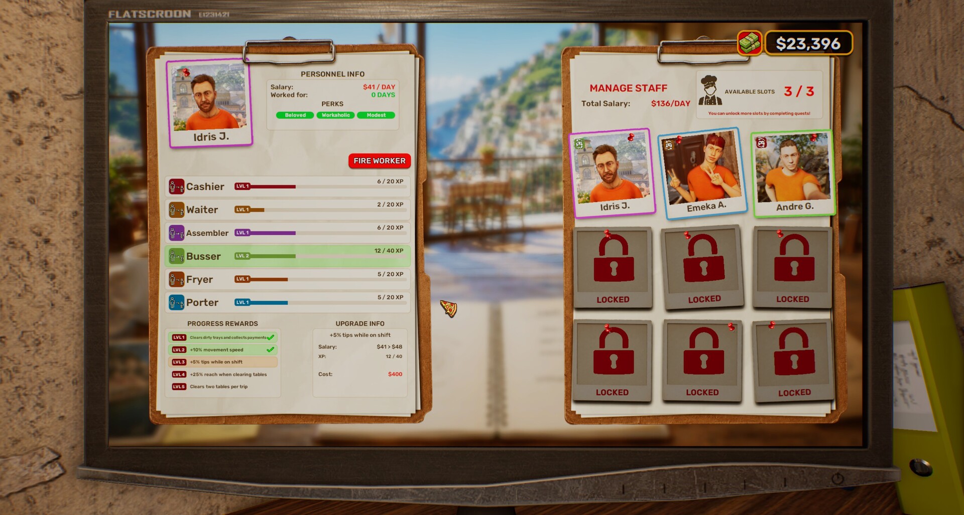 Oficjalny kadr z Pizza House Simulator pokazujący pizzerię w trakcie serwisu, ze stołami, personelem i stanowiskami do gotowania.
