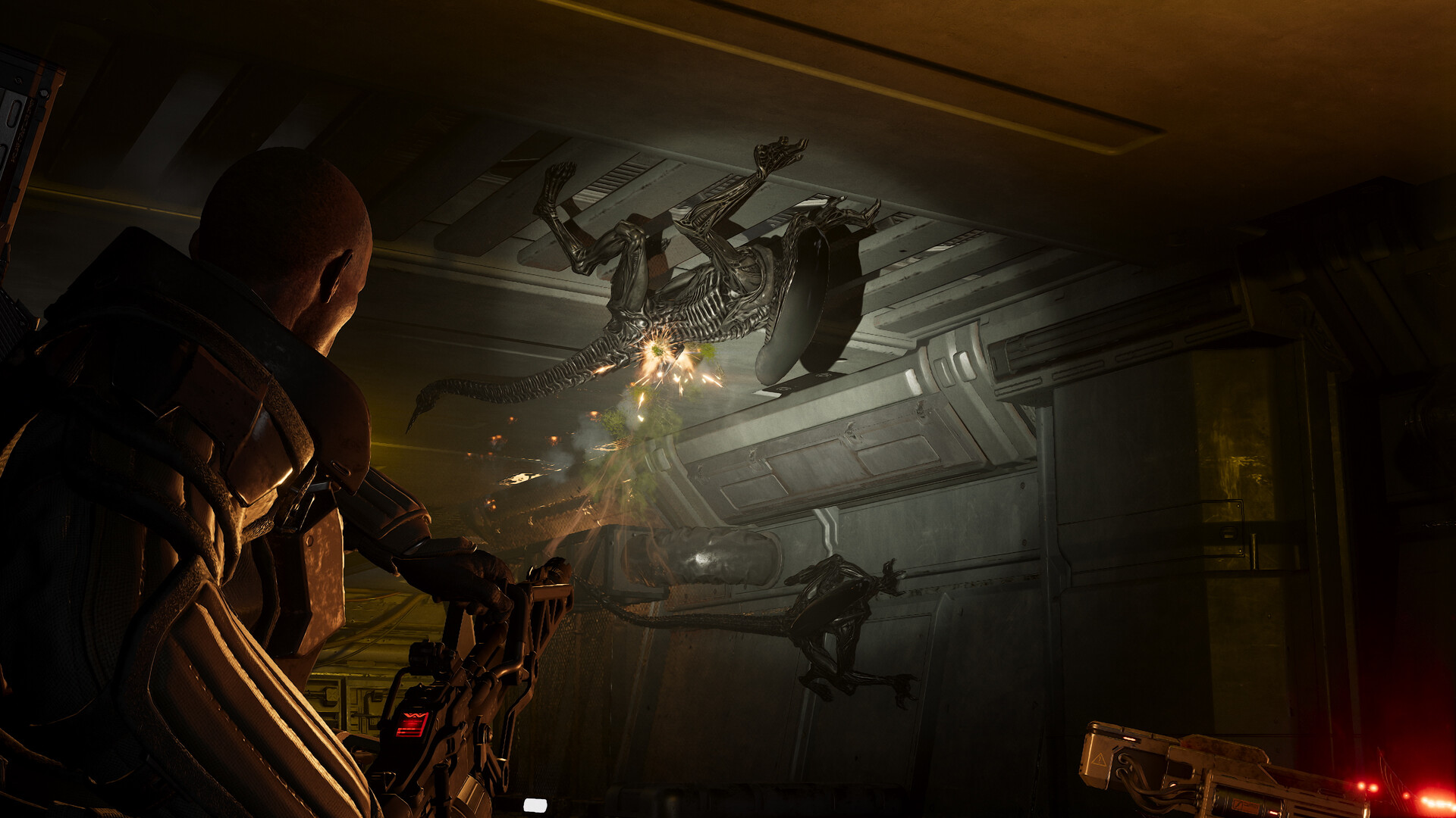 Official Aliens: Fireteam Elite 2 screenshot showing Colonial Marines holding a defensive line against multiple aliens.